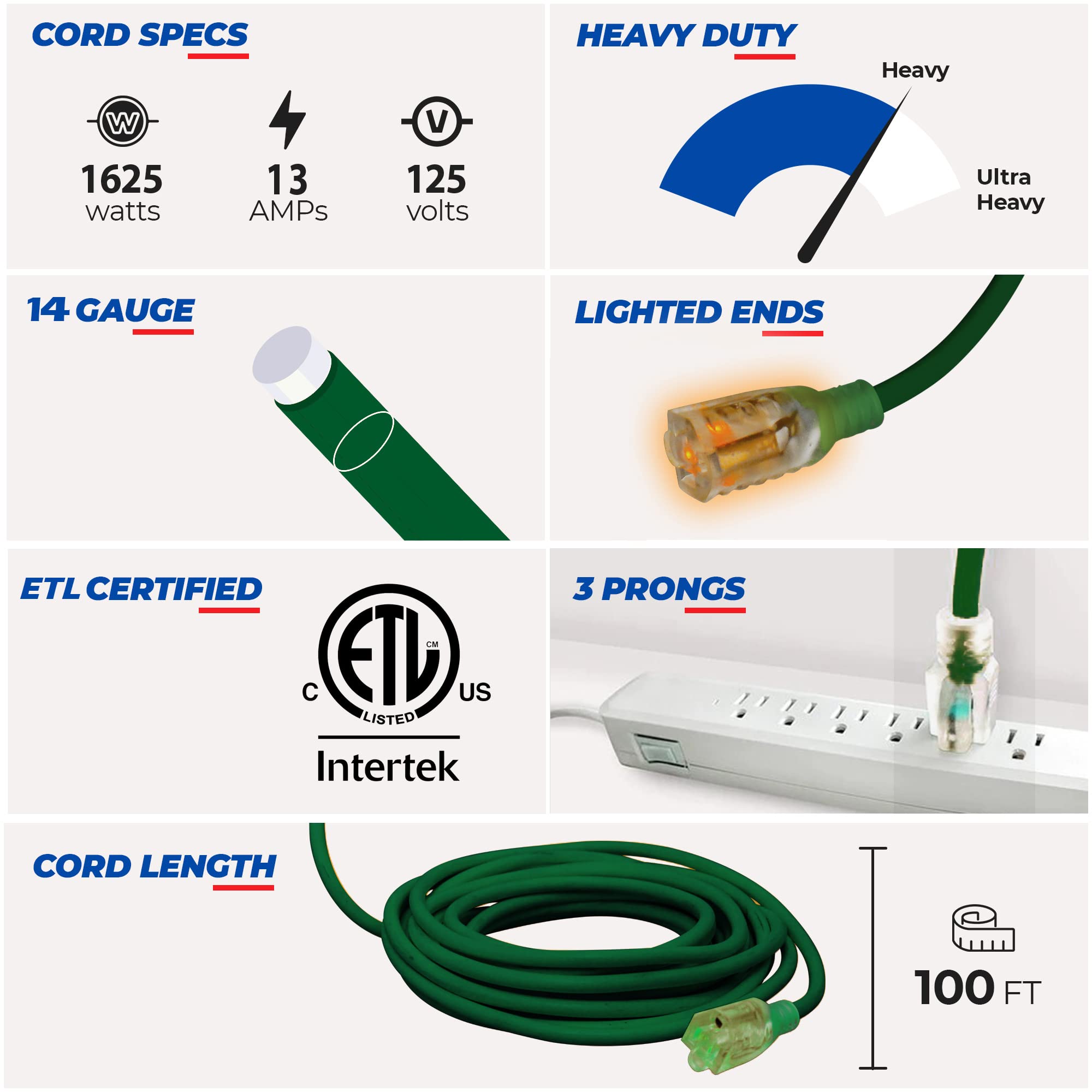 100 ft Power Extension Cord Outdoor & Indoor Heavy Duty 14 gauge/3 prong SJTW (Green) Lighted end Extra Durability 13 AMP 125 Volts 1625 Watts ETL listed by LifeSupplyUSA