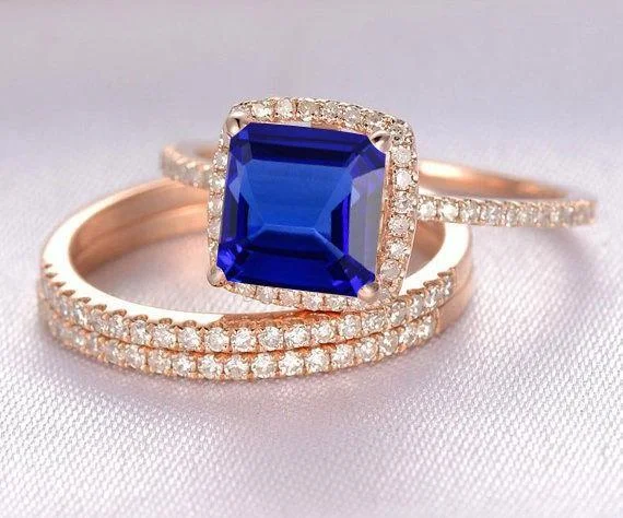 3 Carat 6mm Princess Cut Blue Sapphire And Moissanite Diamond Halo Trio Wedding Ring Bridal Set in 10k Rose Gold