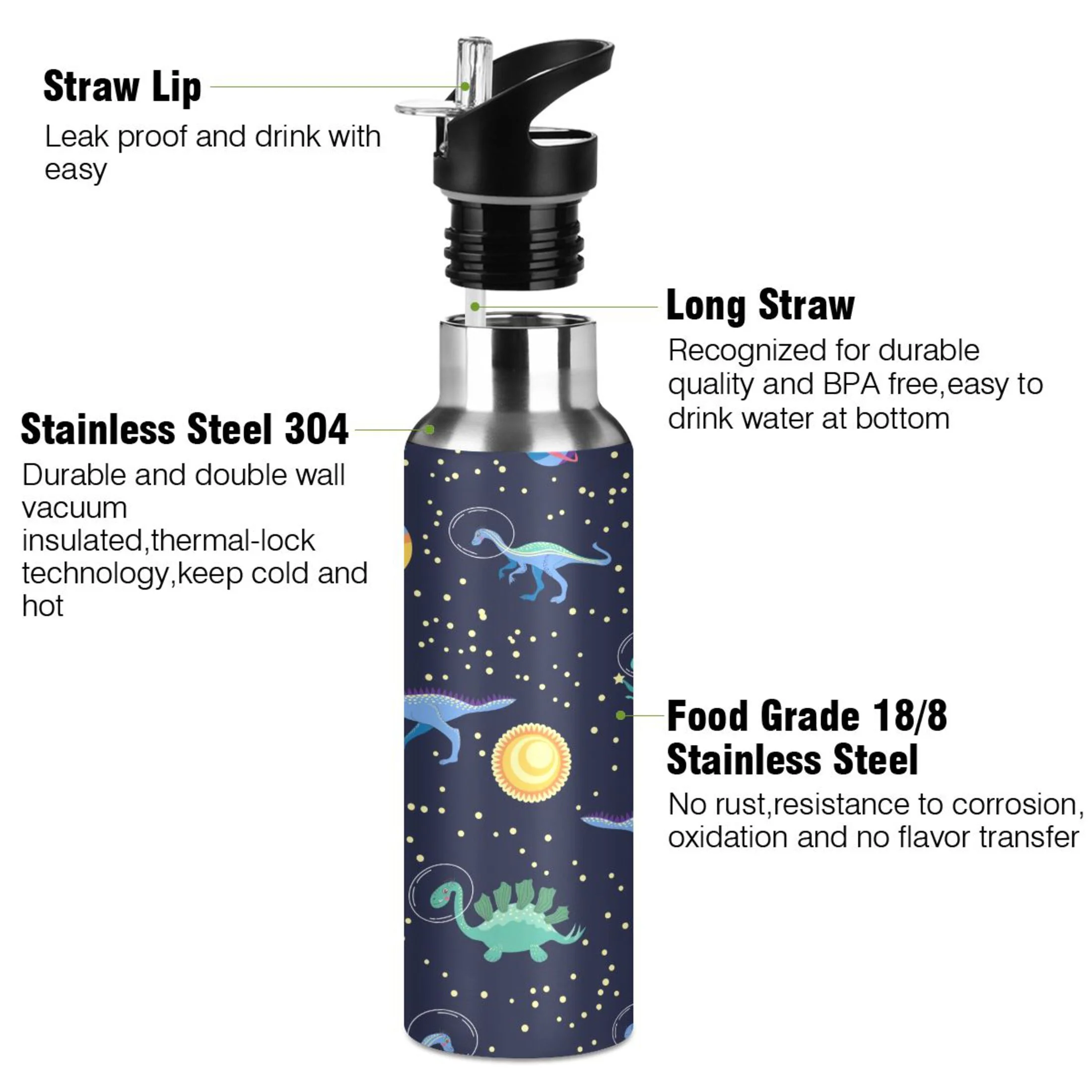Water Bottle with Straw Lid Leak Dinosaur Space Stainless Steel Insulated Thermos Vacuum Flask for Cold Hot Drinking for Sports Camping Gym Yoga