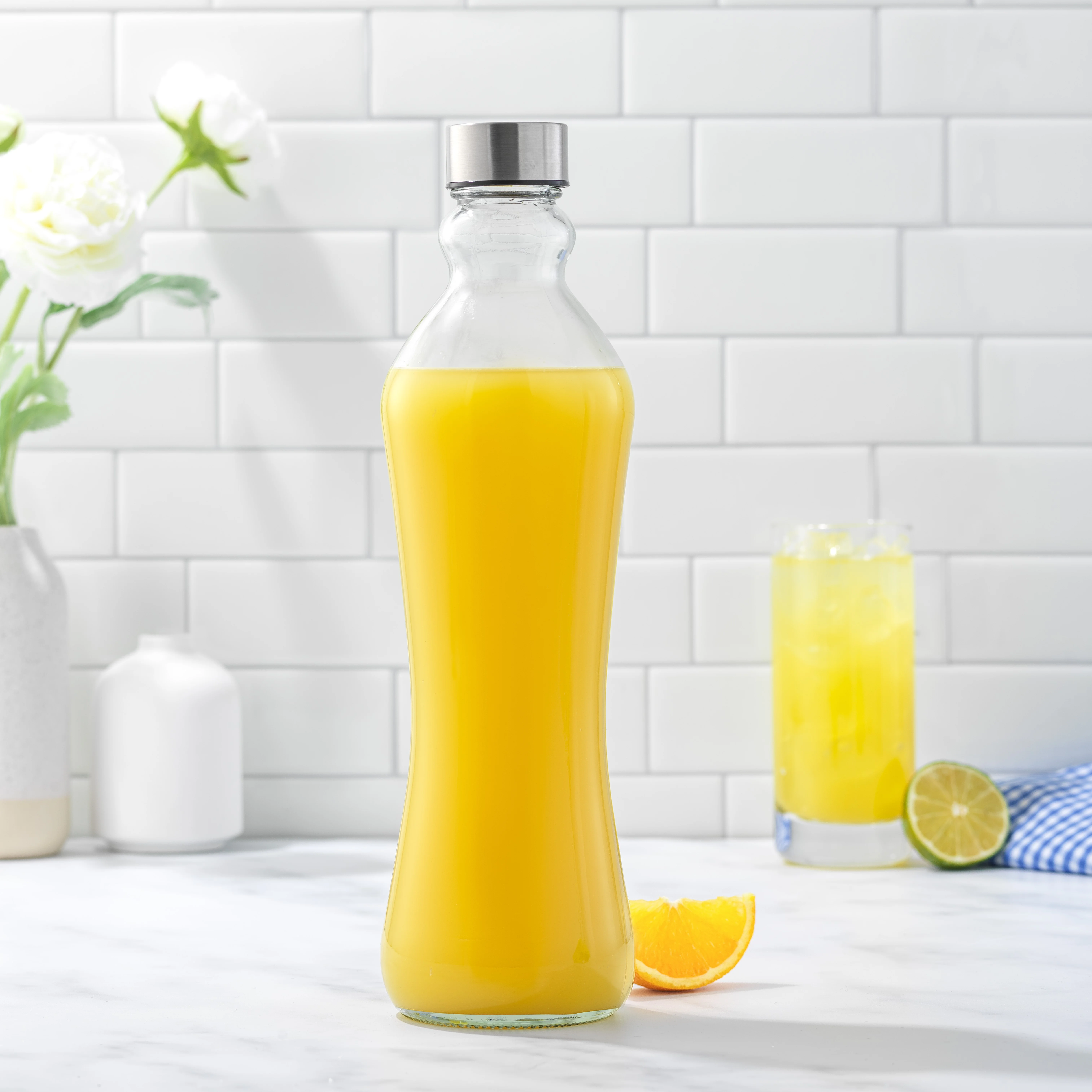 JoyJolt Spring Reusable Glass Water Bottles with Stainless Steel Screw Cap - Set of 4 - Clear