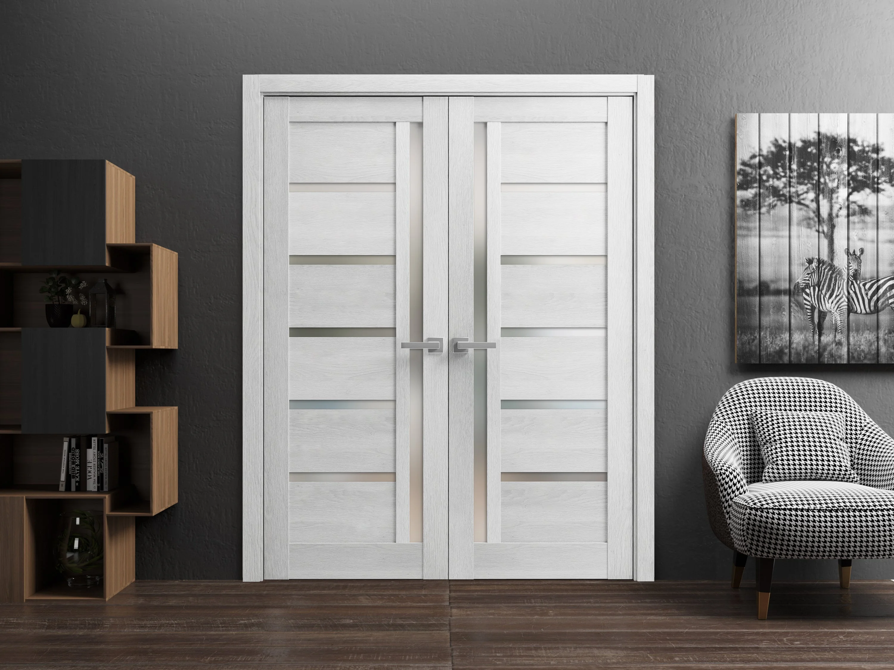 Solid French Double Doors 36 x 84 inches | Quadro 4088 Light Grey Oak with Frosted Glass | Wood Solid Panel Frame Trims | Closet Bedroom Sturdy Doors