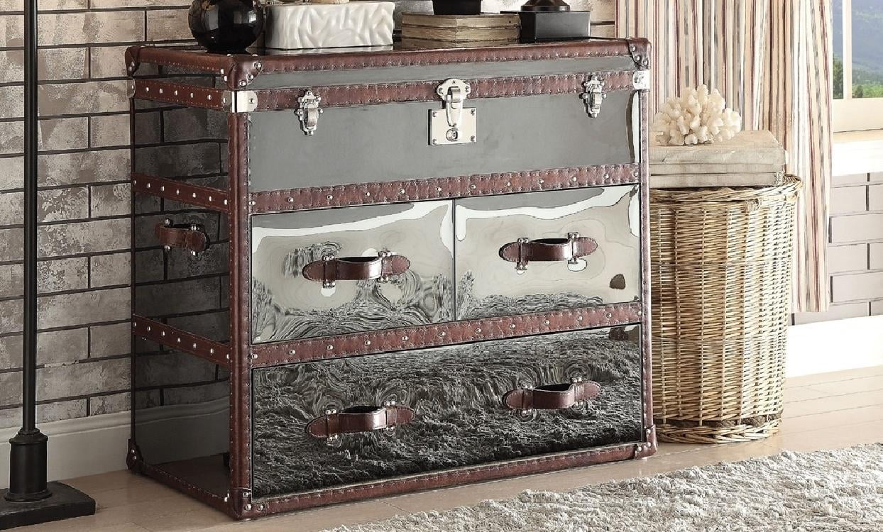 Vintage Steel Dark Brown Leather Straps Sofa TableAcme 97154 Furniture Aberdeen