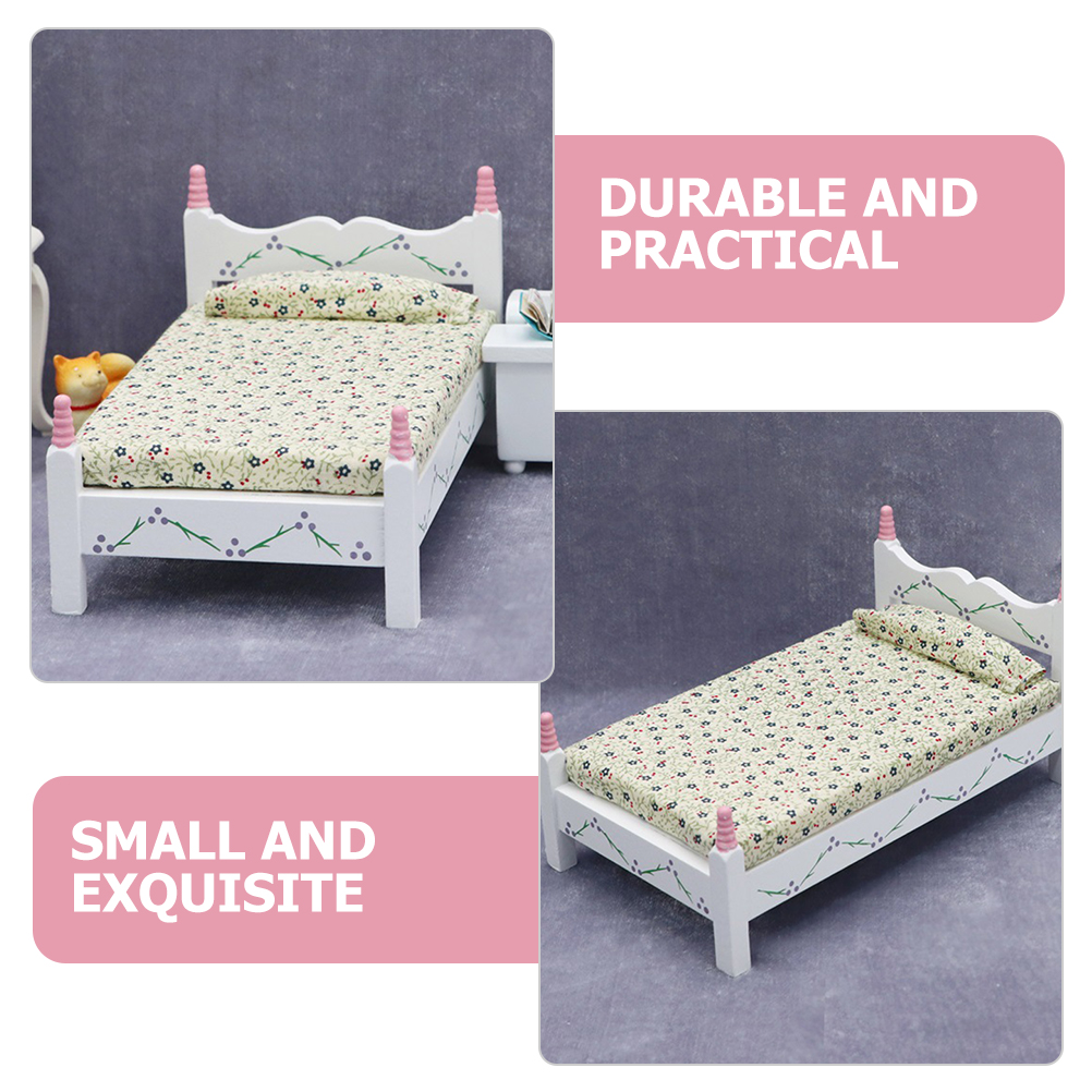2 Pieces Painted Flower Single Bed Mini Model Doll Dolls Toy Room The White Furniture 18 Inch Micro Scene