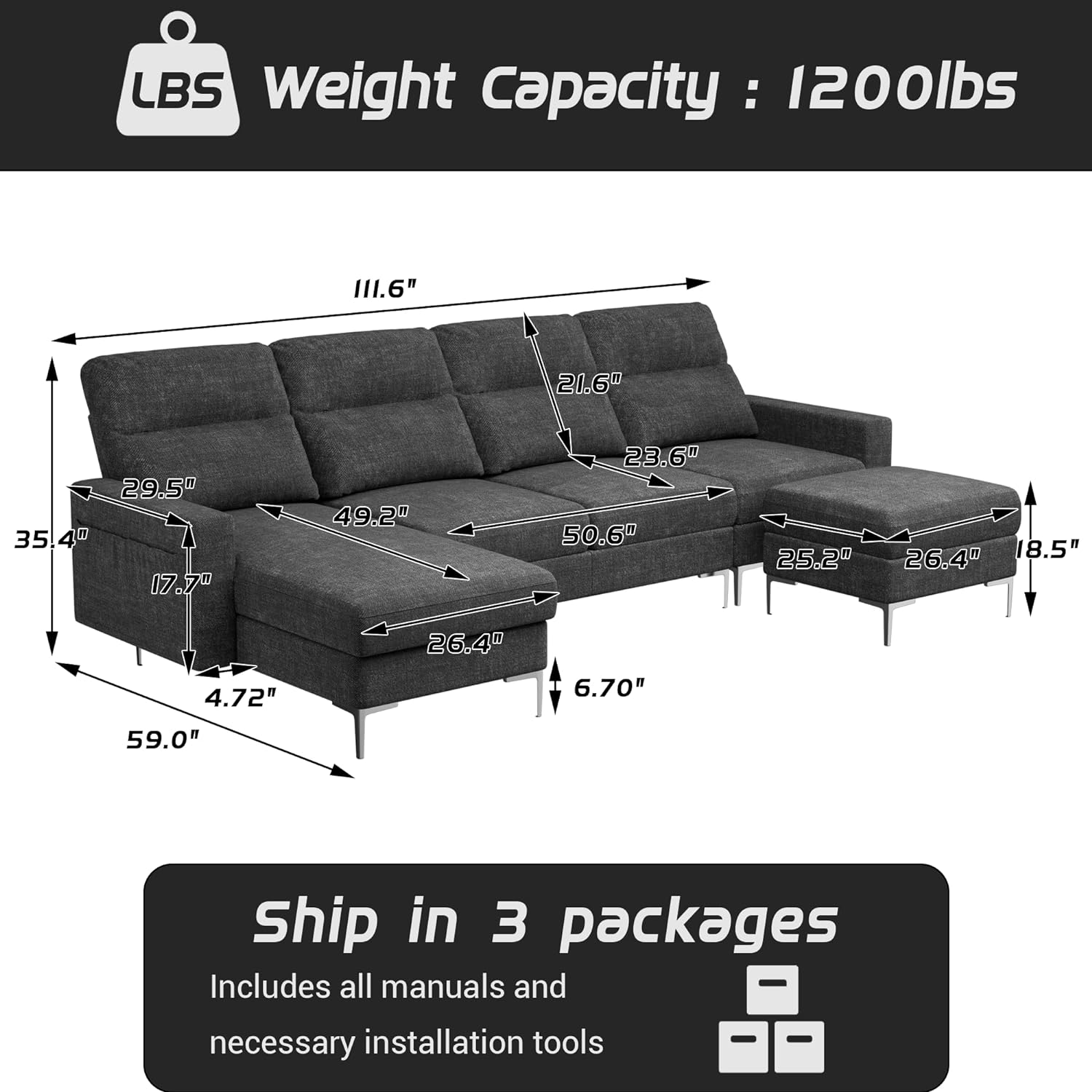 Modular Sectional Couch, U Shaped Sectional Sofa with Removable Ottoman, Modern Fabric Sofa 4 Seater Couch with Metal Legs for Living Room (Dark Grey)