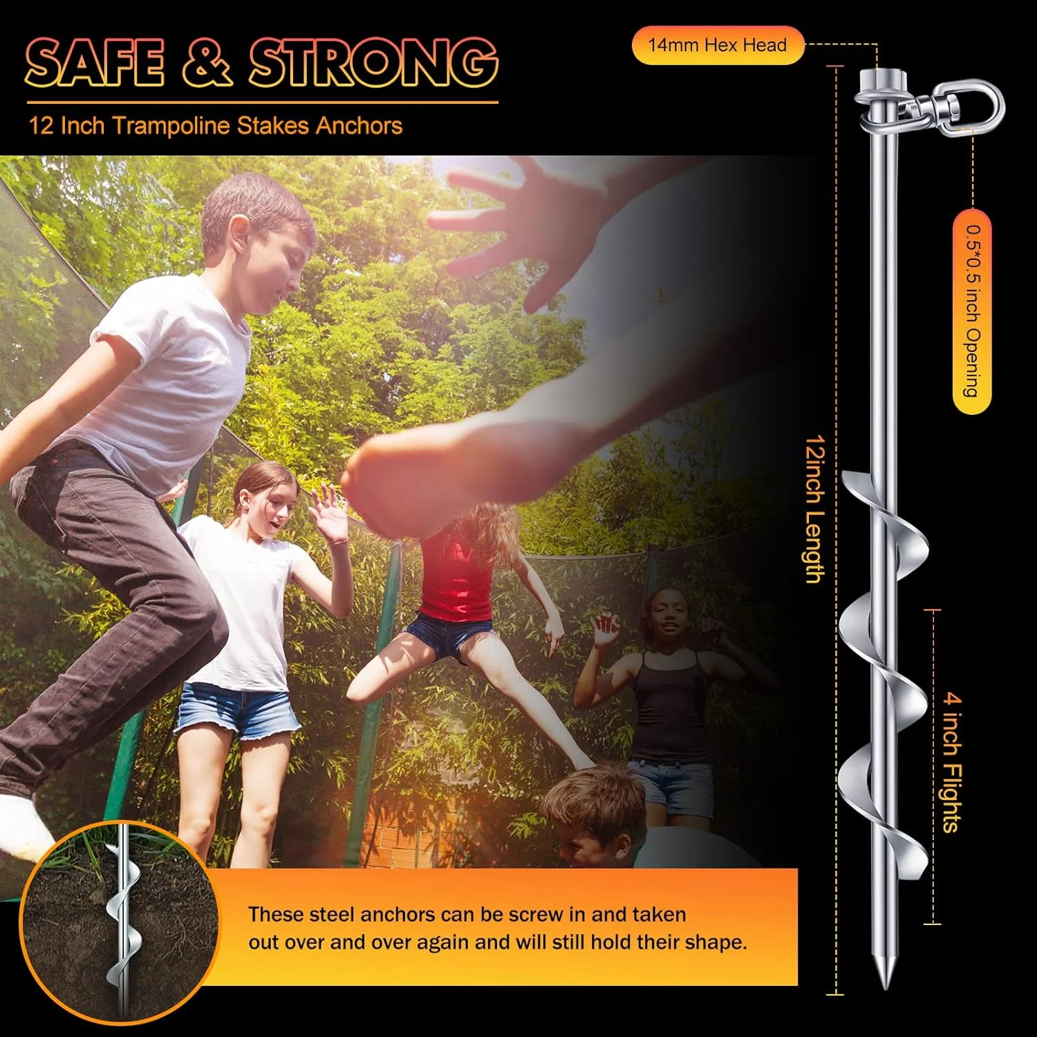 24 Pcs Ground Anchors Screw in, 12 Inch Heavy Duty Tent Stakes with Trampoline Anchor Hook Ground Stakes for Camping Tent Canopies Ports Sheds Swing Sets Securing Animals (Silver)