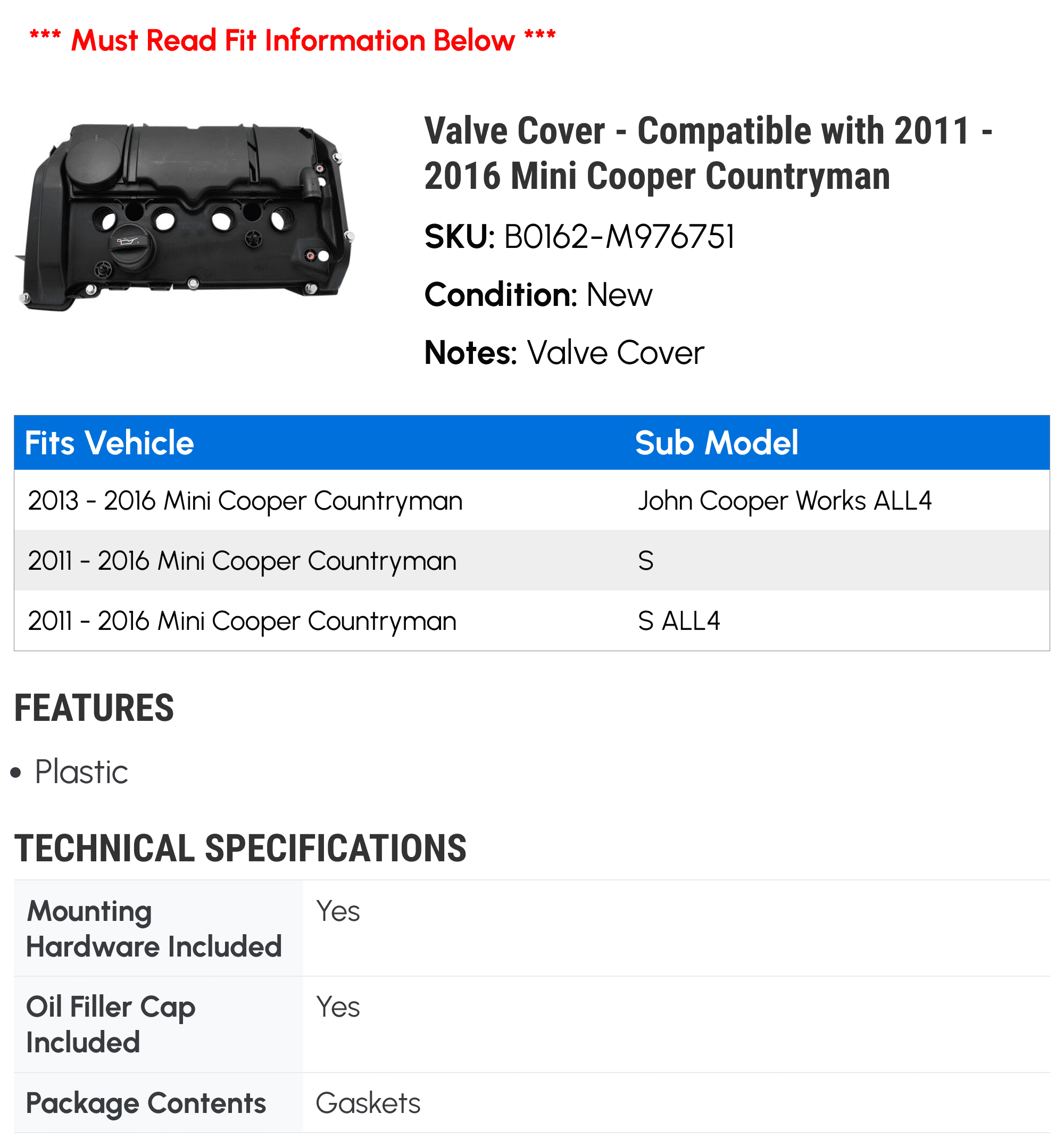 Valve Cover - Compatible with 2011 - 2016 Mini Cooper Countryman 2012 2013 2014 2015