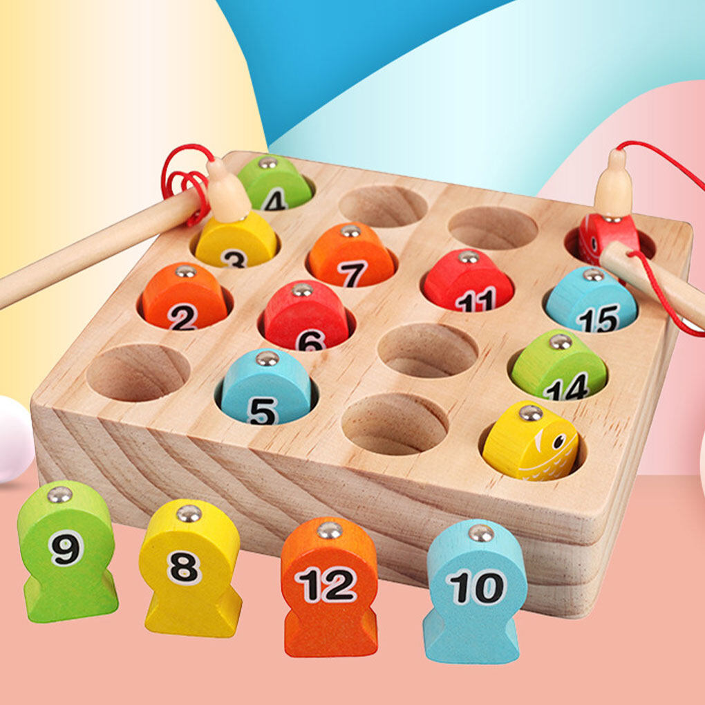 Tssuoun Wooden magnetic digital fishing game for children's fun insect catching and fishing music toy, double fishing rod, 15 small fish blocks