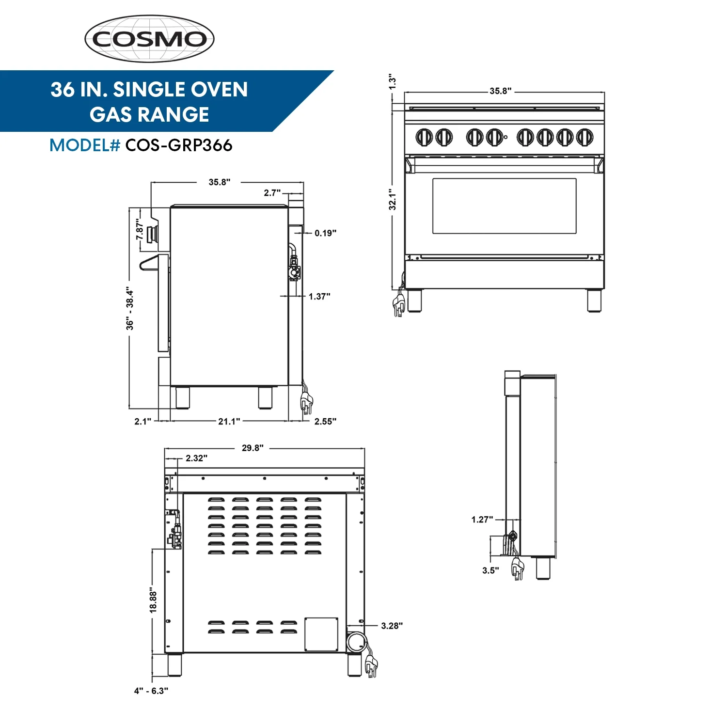 36 in. 4.5 cu. ft. Gas Range with 6 Italian Burners in Stainless Steel