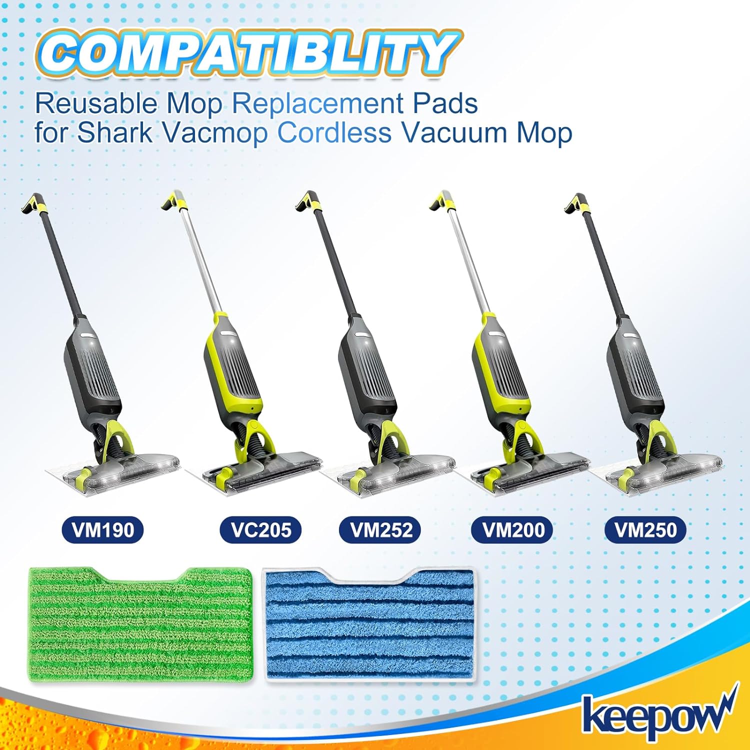 KEEPOW Reusable Vacmop Replacement Pads Compatible with Shark Vac Mop VM252 VM200 VC205 VM250 /QM250 VM190 VM200P12, Washable Vacuum Mop Pad Refills, Upgraded Design of Dirt Chamber (1+2+2+2 Pads)