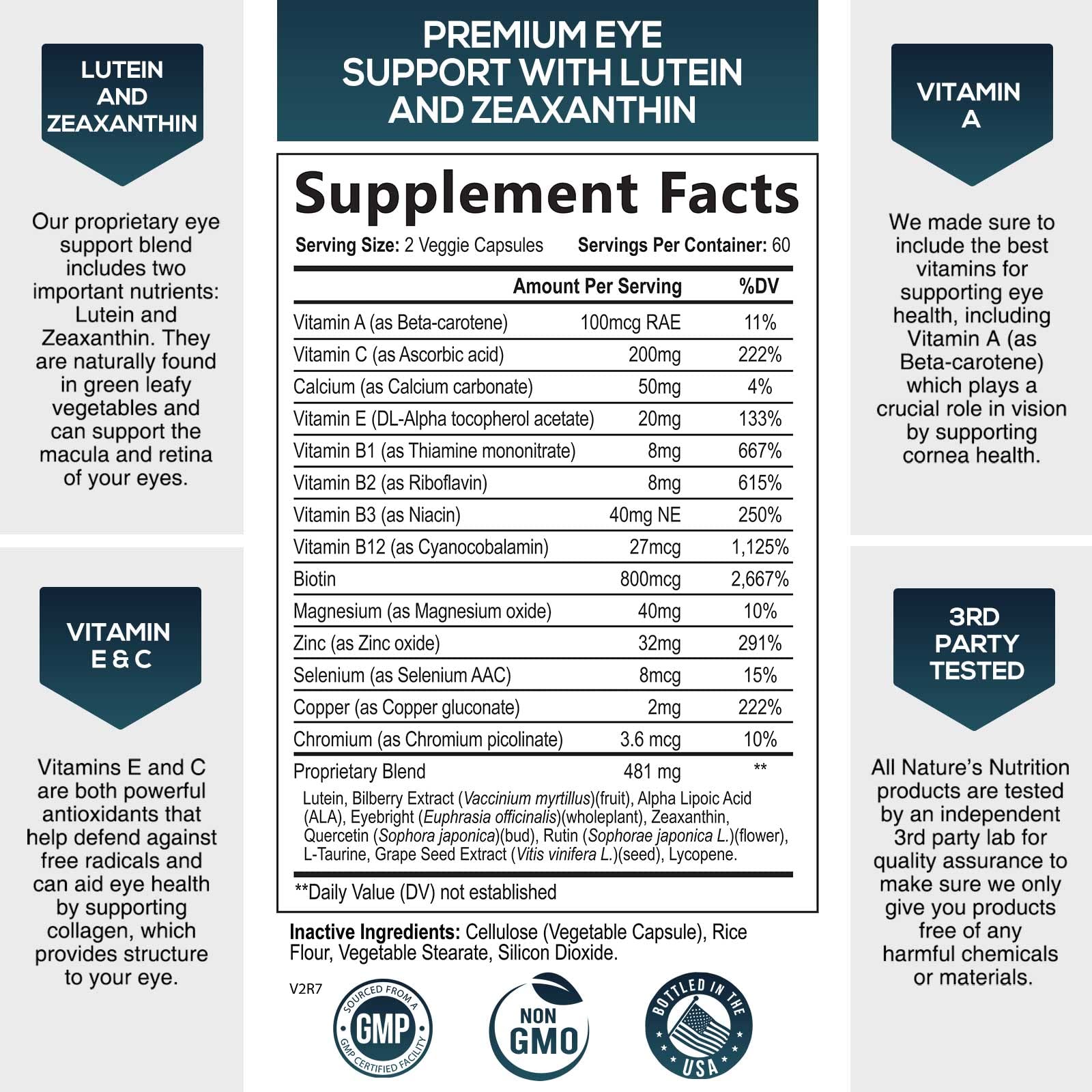 Eye Vitamins & Mineral Supplement, Contains Lutein, Zeaxanthin, Bilberry & Zinc, Supports Eye Strain, Vision Health & Dryness for Adults with Vitamin C & E, Non-GMO, Vegan - 120 Capsules