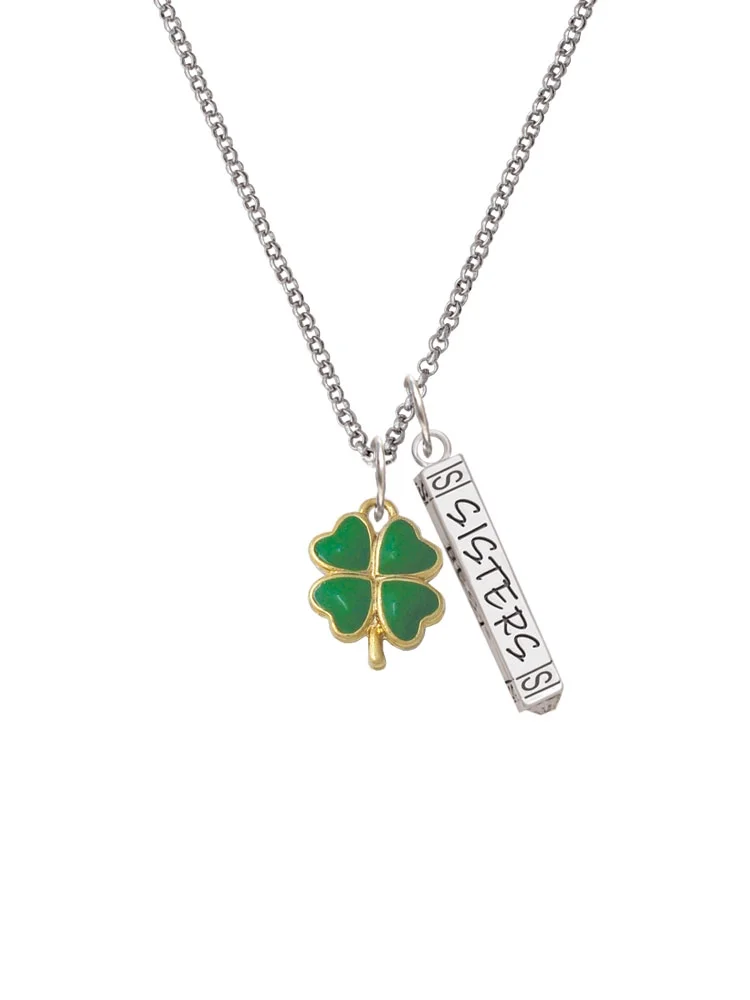 Delight Jewelry Goldtone Opaque Green Lucky Four Leaf Clover Silvertone Sisters Best Friends Forever Bar Charm Necklace, 23