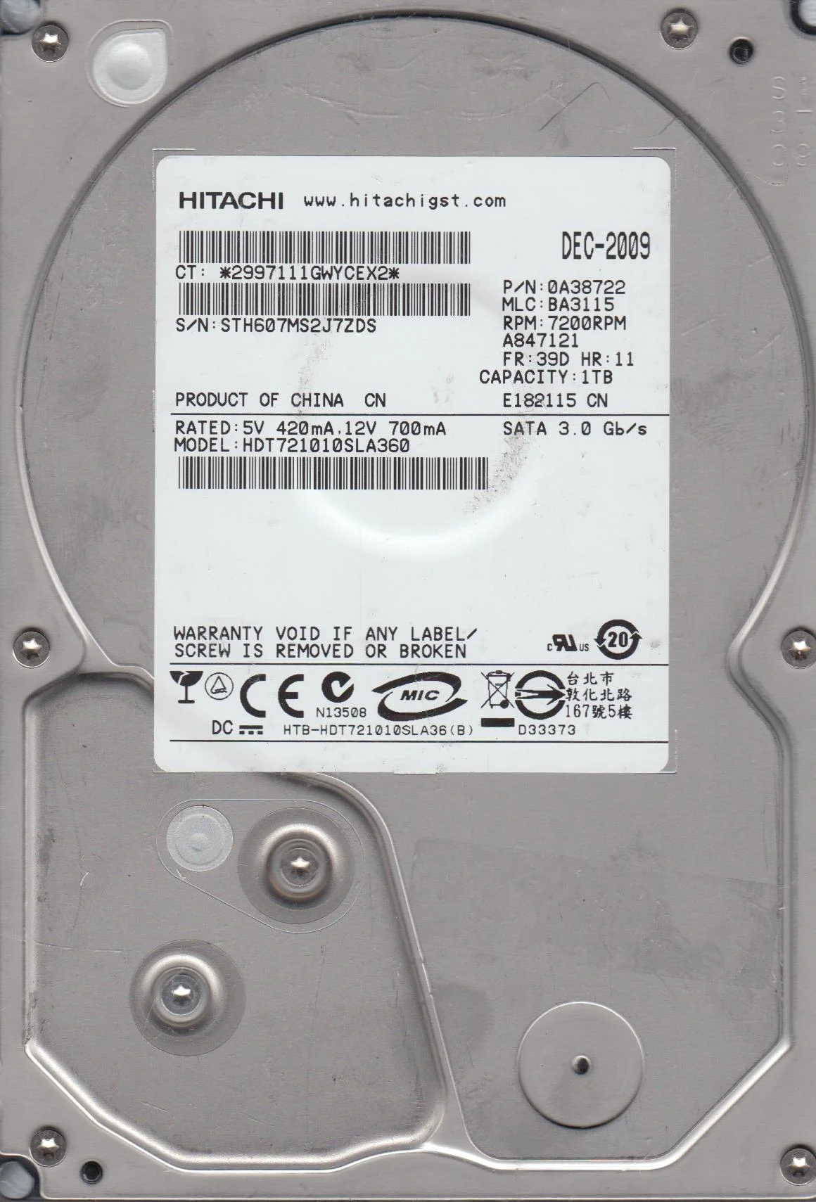 HDT721010SLA360, PN 0A38722, MLC BA3115, Hitachi 1TB SATA 3.5 Hard Drive
