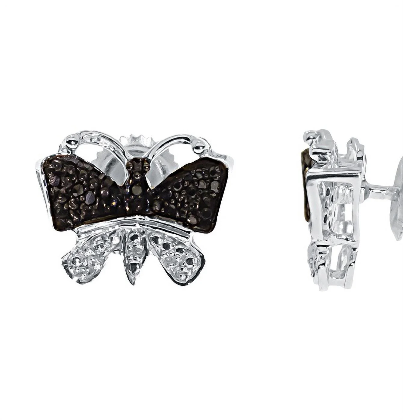 White Gold Finish Ladies Black White Pave Diamond Butterfly Stud Earrings 1/3 ct