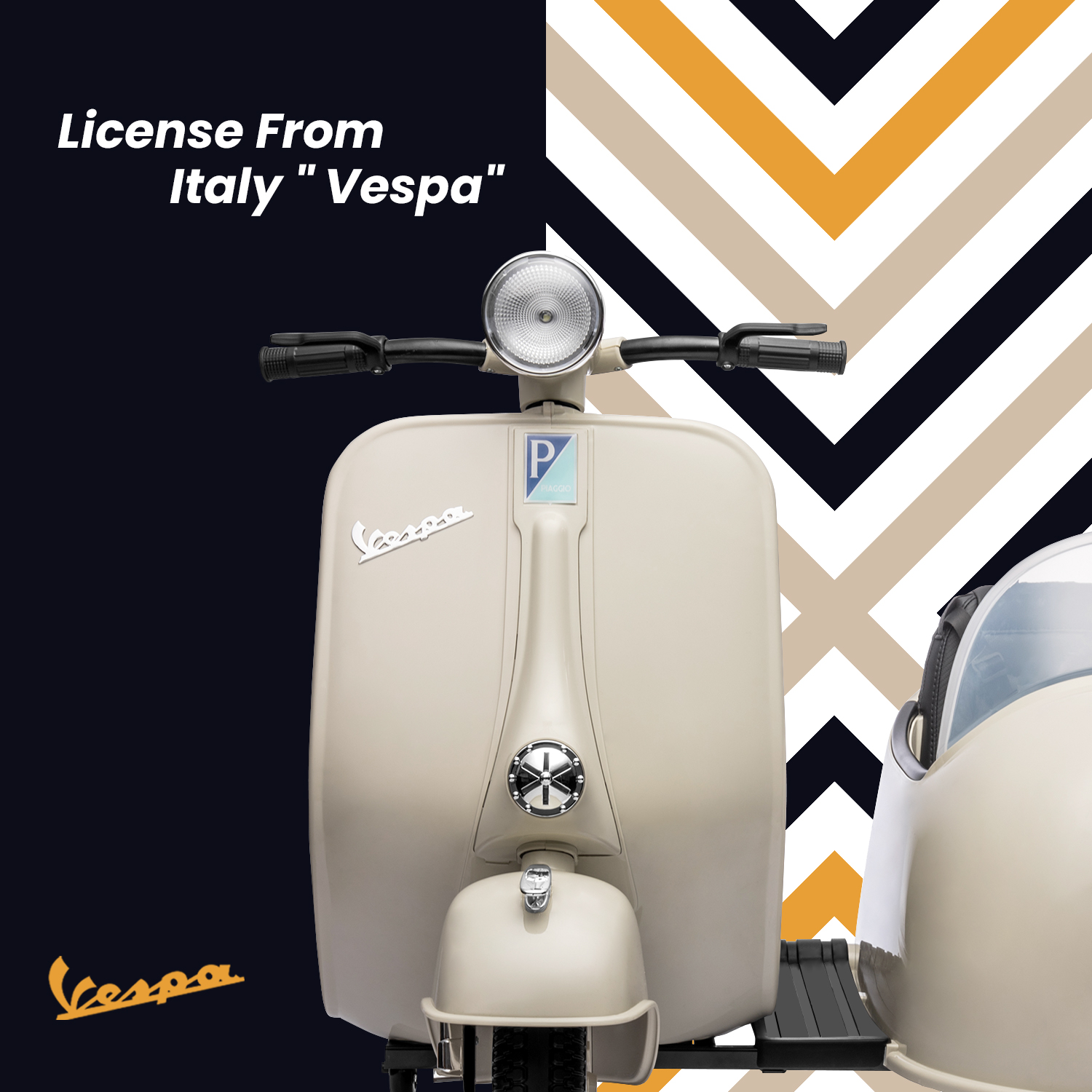 Track 7 12V Licensed Vespa Ride on Motorcycle with Side Car, 2-Seater Electric Car for Kids Age 3+, Music, Max Speed 4.8mph, Grey