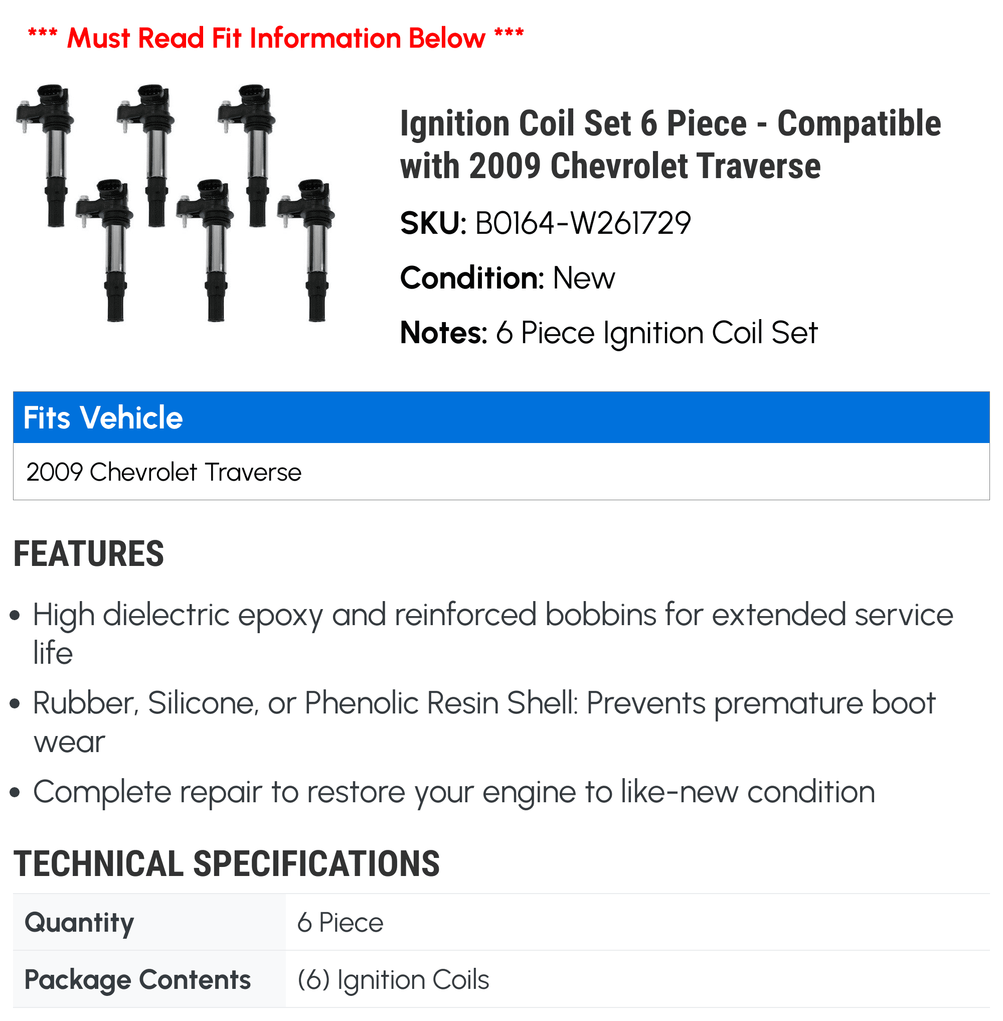 Ignition Coil Set 6 Piece - Compatible with 2009 Chevy Traverse