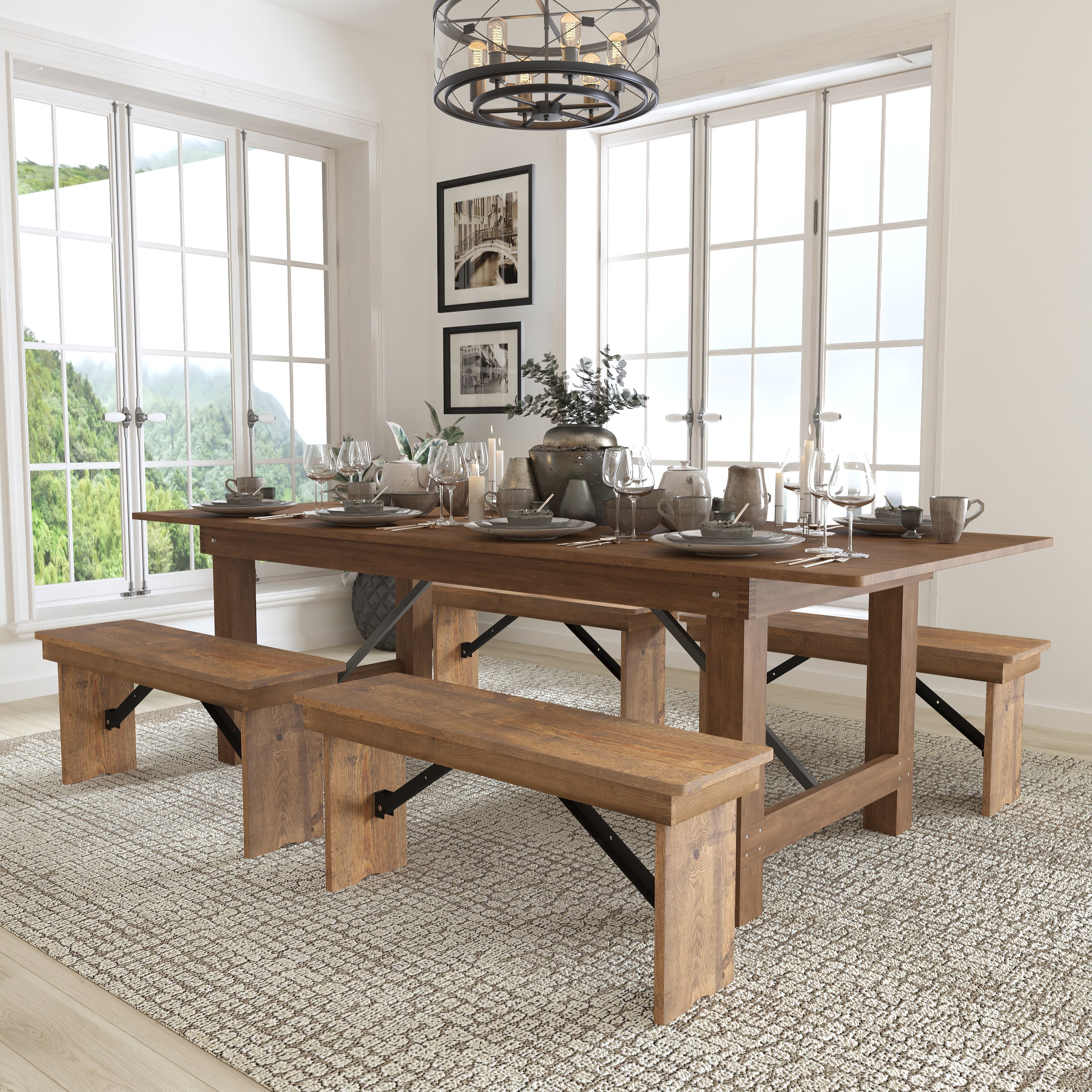 Flash Furniture HERCULES Series 8' x 40'' Antique Rustic Folding Farm Table and Four 40.25