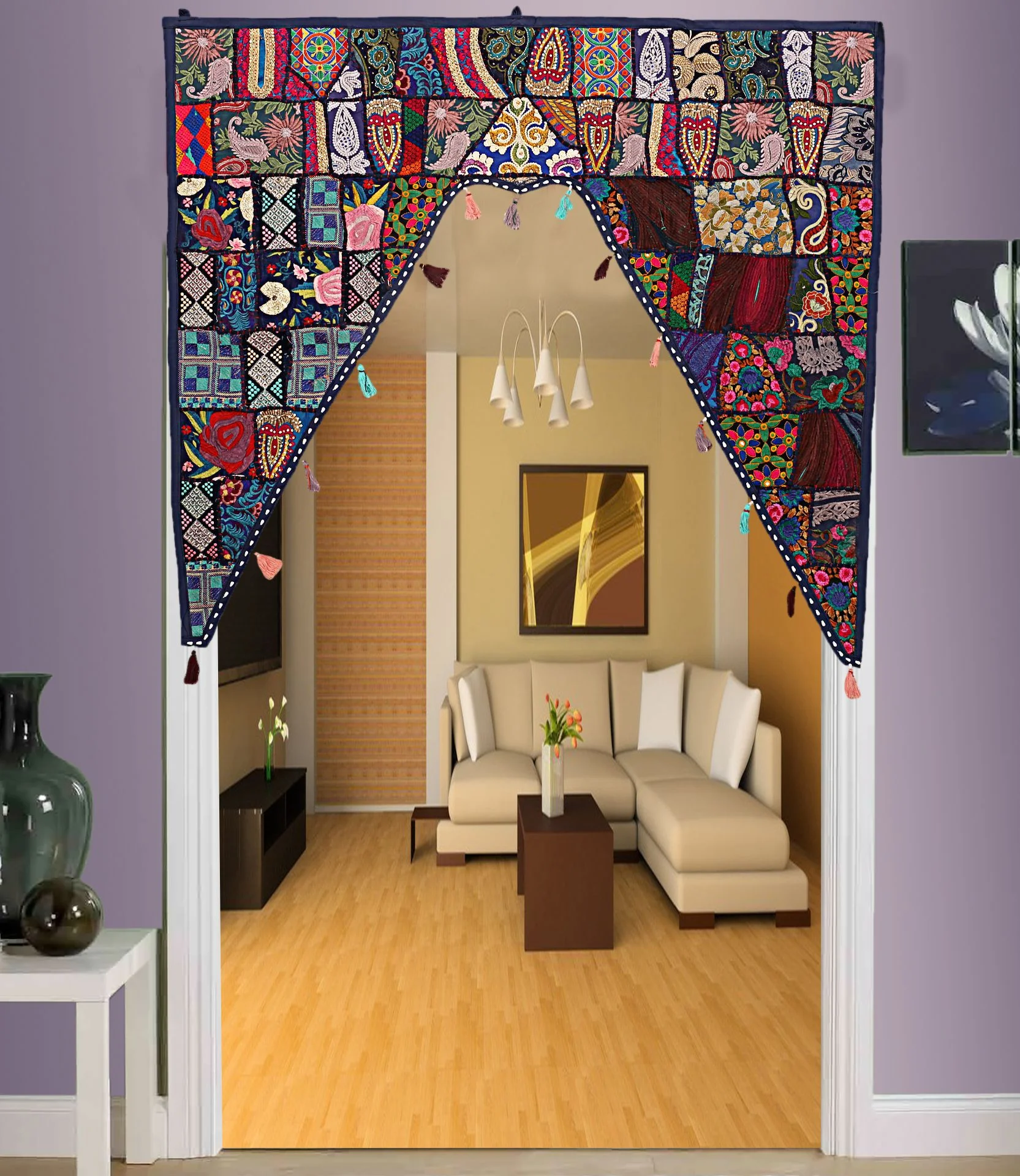 Stylo Culture Indian Cotton Swag Curtain Large Door Valance Bedroom Dark Blue Navy Vintage Embroidered Patch Work Floral Scarf Curtain Topper Home Decor Window Hanging Toran Gate | 45 x 41 Inches