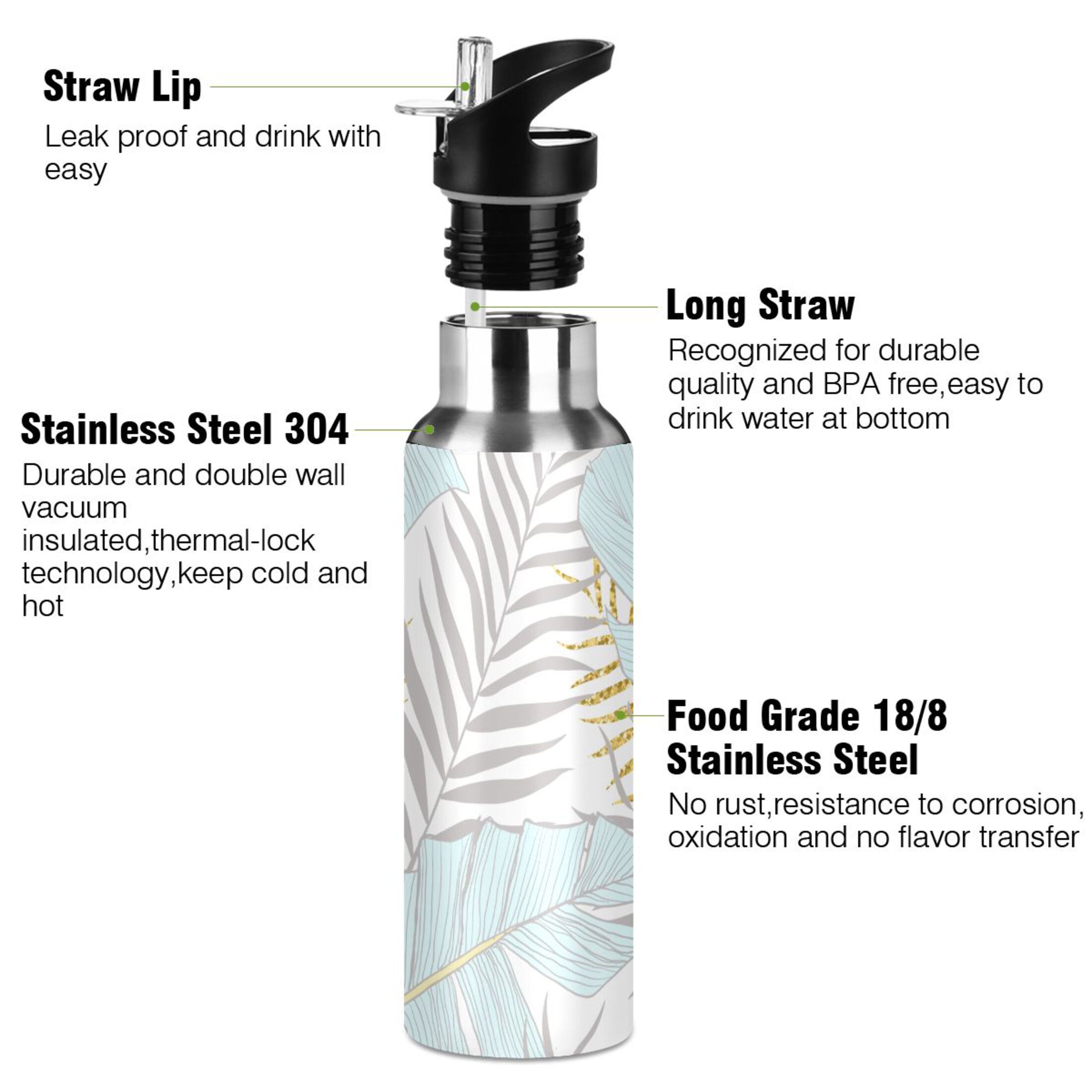 Water Bottle with Straw Lid Leak Palm Leaf Stainless Steel Insulated Thermos Vacuum Flask for Cold Hot Drinking for Sports Camping Gym Yoga