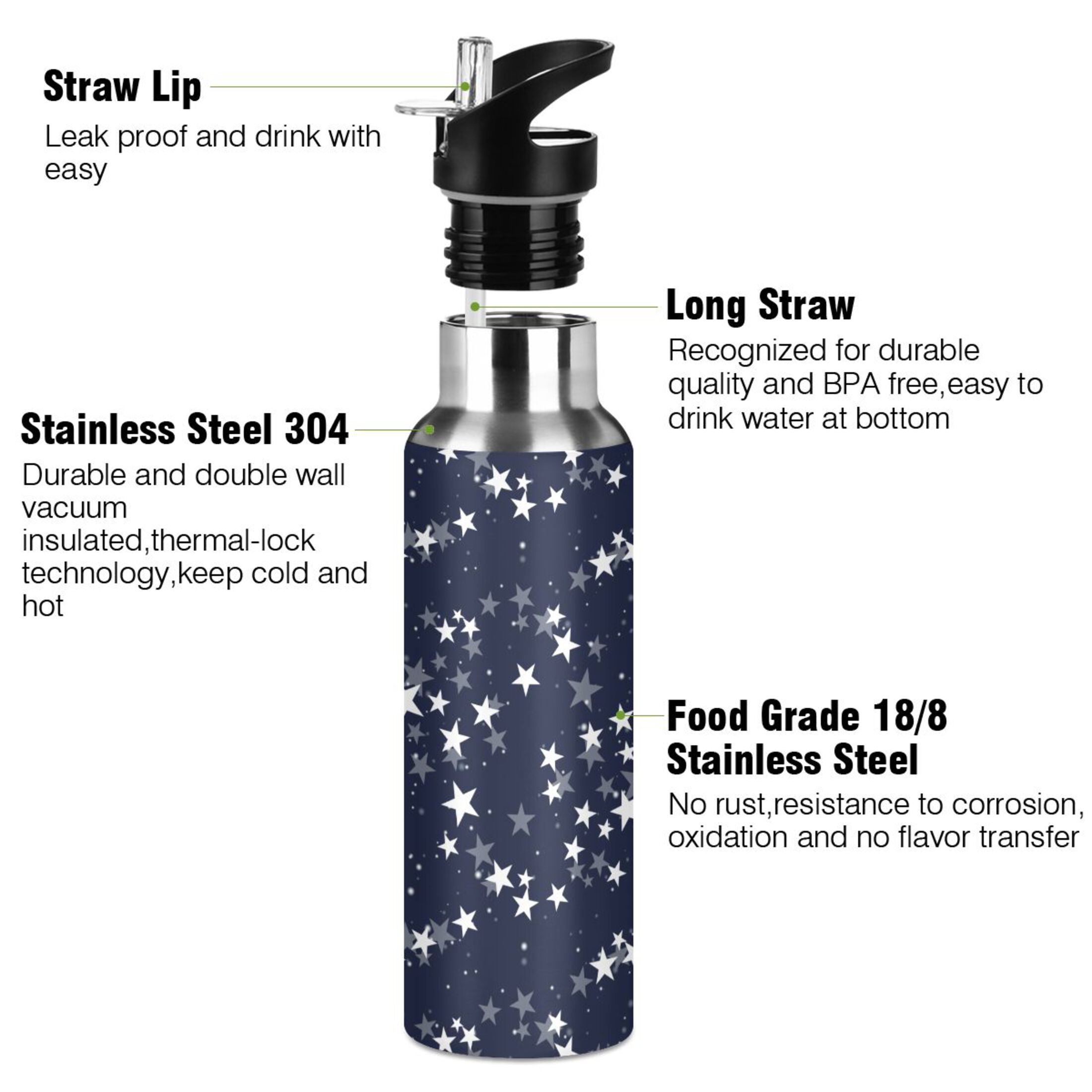 Water Bottle with Straw Lid Leak Stars Navy Stainless Steel Insulated Thermos Vacuum Flask for Cold Hot Drinking for Sports Camping Gym Yoga