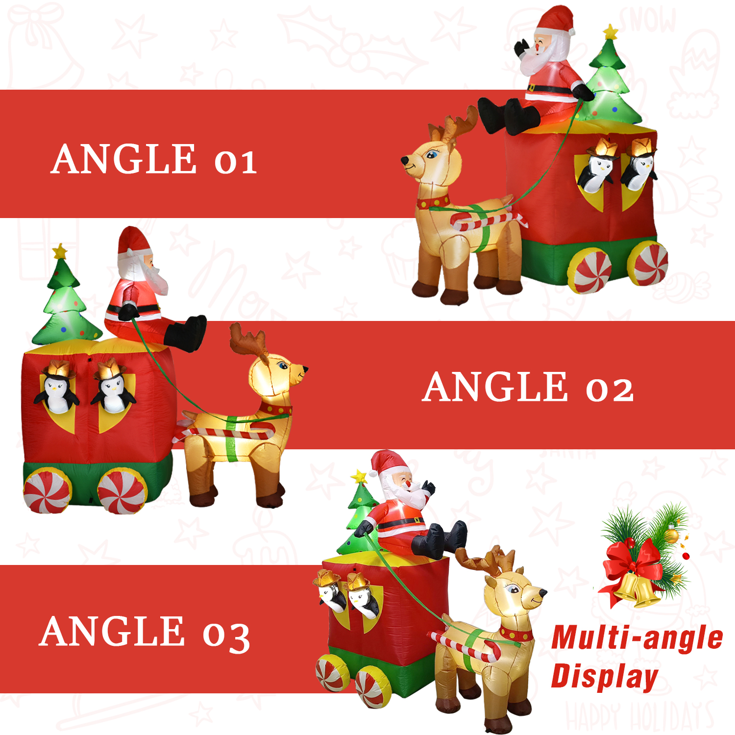 6.2FT Long Christmas Inflatable LED Lighted Elk pulls Santa Claus with Penguin and Christmas tree Blow up Outdoor Yard Decoration