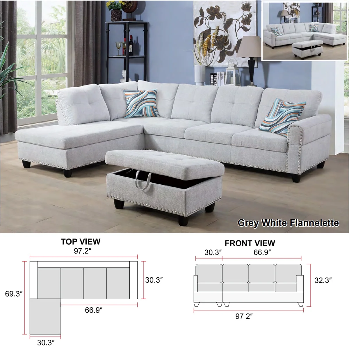 Ainehome Furniture Living Room Sets, Linen Fabric Sectional Sofa with Storage Ottoman & Toss Pillows