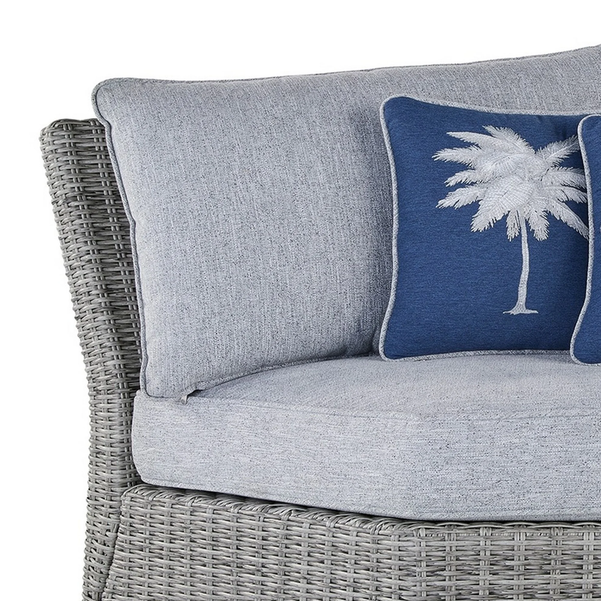 Benjara Dune 69 Inch Outdoor Corner Seat, Gray Resin Wicker, Polyester Cushions