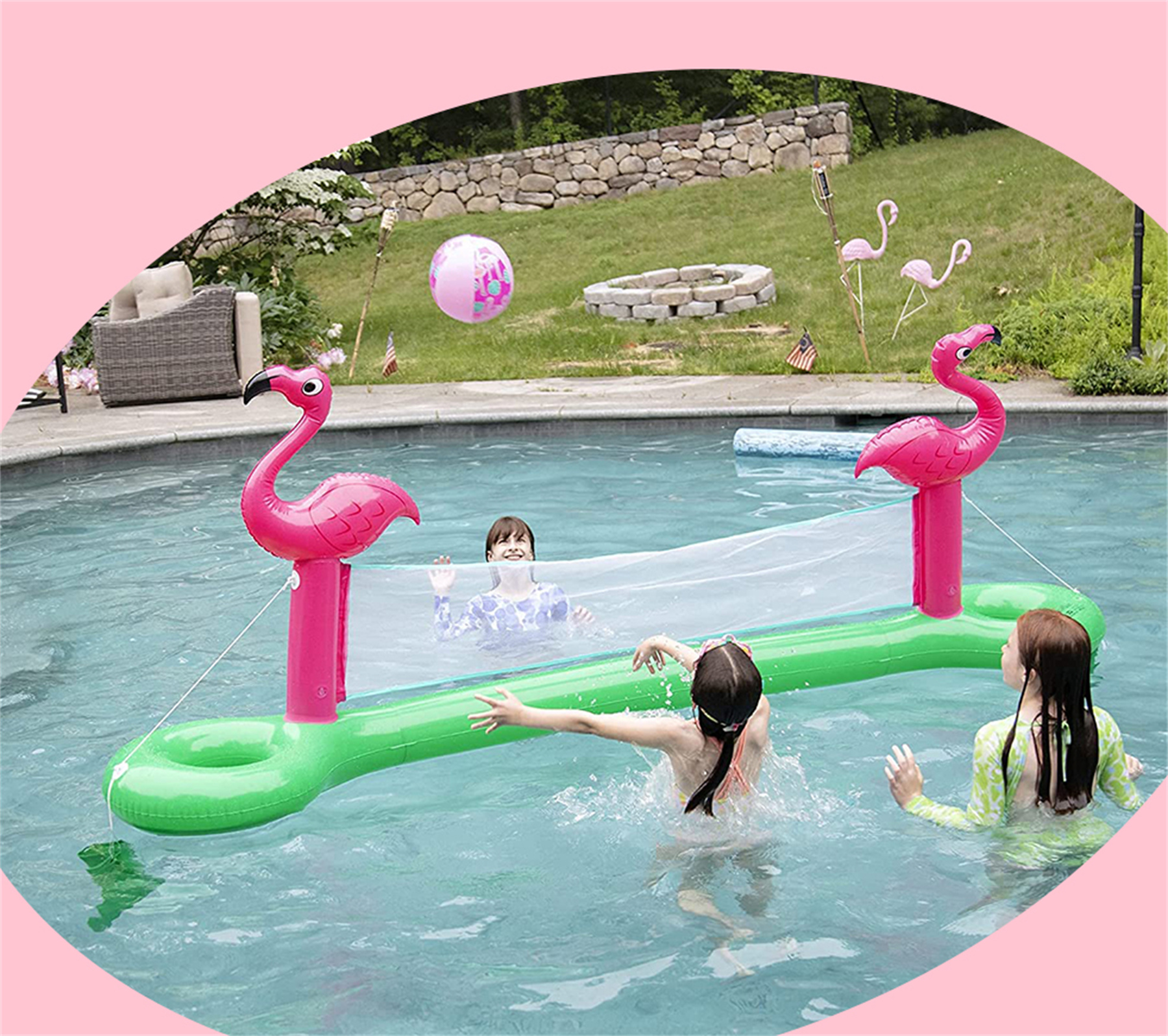 Inflatable Flamingo Pool Volleyball Net w Ball Set