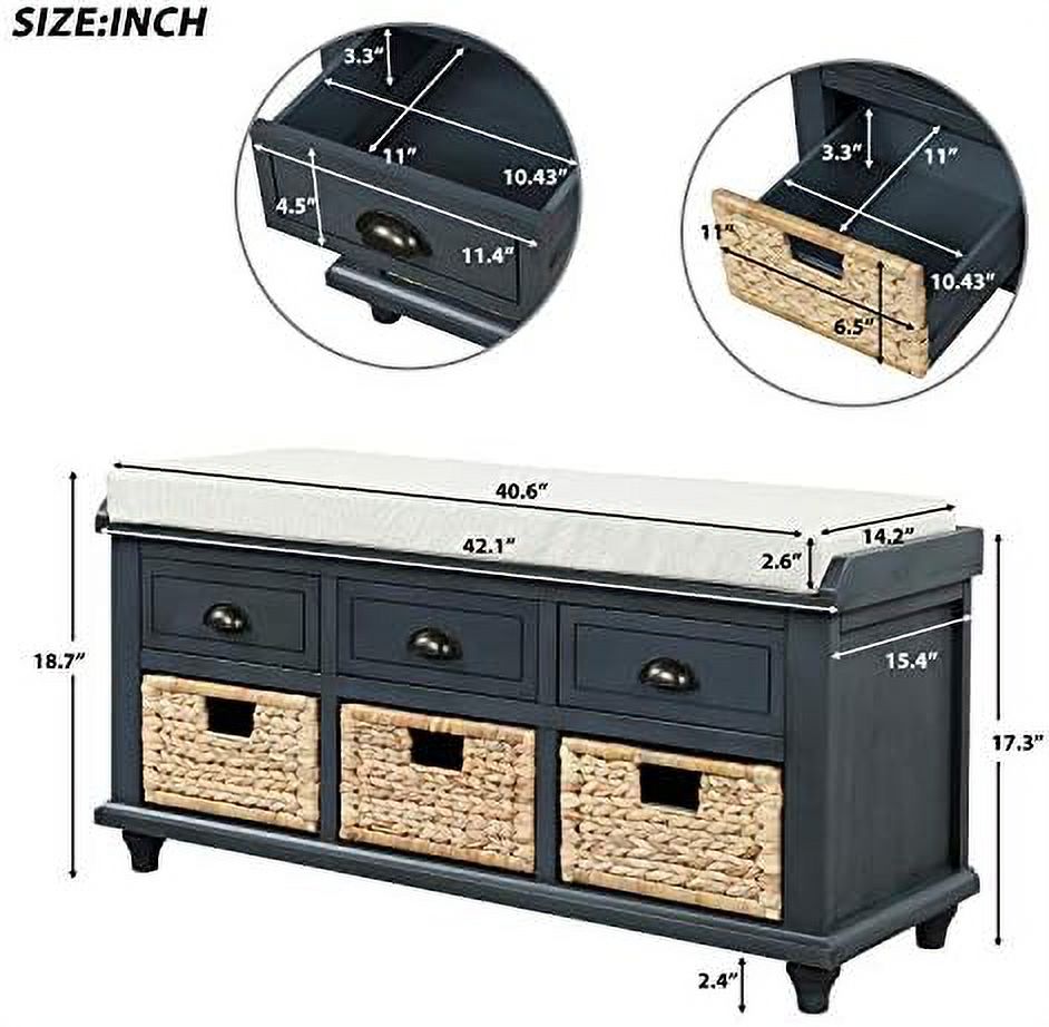 YZboomLife Rustic  Bench  Entryway  Bench with 3 Drawers and 3 Rattan Baskets  Shoe  Bench with Removable Cushion  Classic Farmhouse Style Shoe Cabinet for Living Room Entryway（White Wa