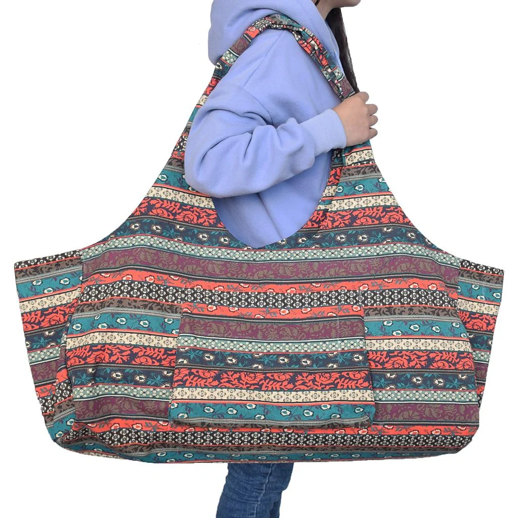 Extra Large Yoga Mat Tote Bag Carrier with Side Pocket | Fits Most Size Mats | Patterned Canvas | 29x9x12 inches