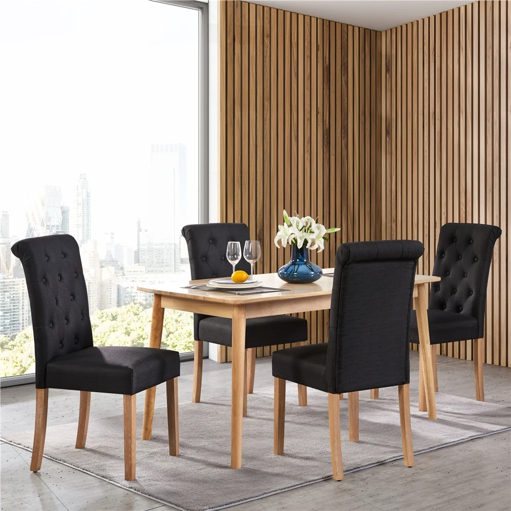 Easyfashion Fabric Upholstered High Back Dining Chair, Set of 2, Black