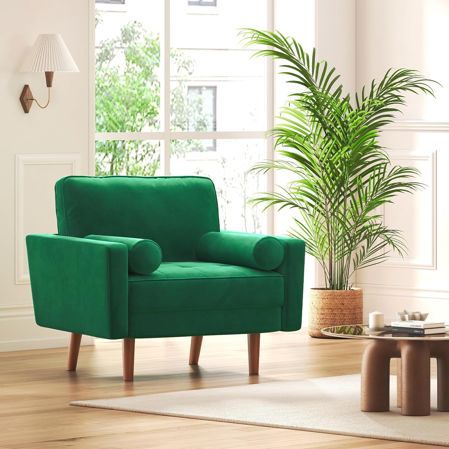 Green Velvet Accent Chair, Mid Century Modern Living Room Chairs, Button Tufted Arm Chairs with 2 Pillows, Comfy Sofa Chairs for Bedroom, Office