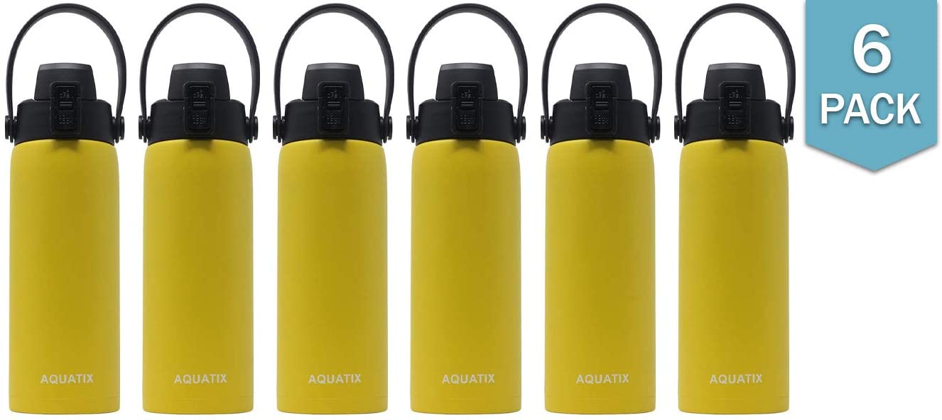 6-Pack (Lemon Yellow) - Aquatix 21 Ounce Pure Stainless Steel Double Wall Insulated Sports Water Bottle Convenient Flip Top Removable Strap Handle Keeps Drinks Cold 24 hr/Hot 6 hr. Perfect for Gifts