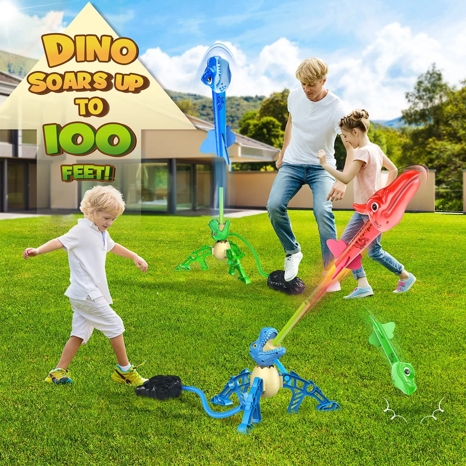 Rocket Launcher for Kids, Dinosaur Launcher Outdoor Toys for Kids 3 4 5 6 7 Year Old Boys, Dino Blasters Launch 100 ft, Birthday Easter Gifts for Boys Girls Ages 3+, Fun Outdoor Toys Game