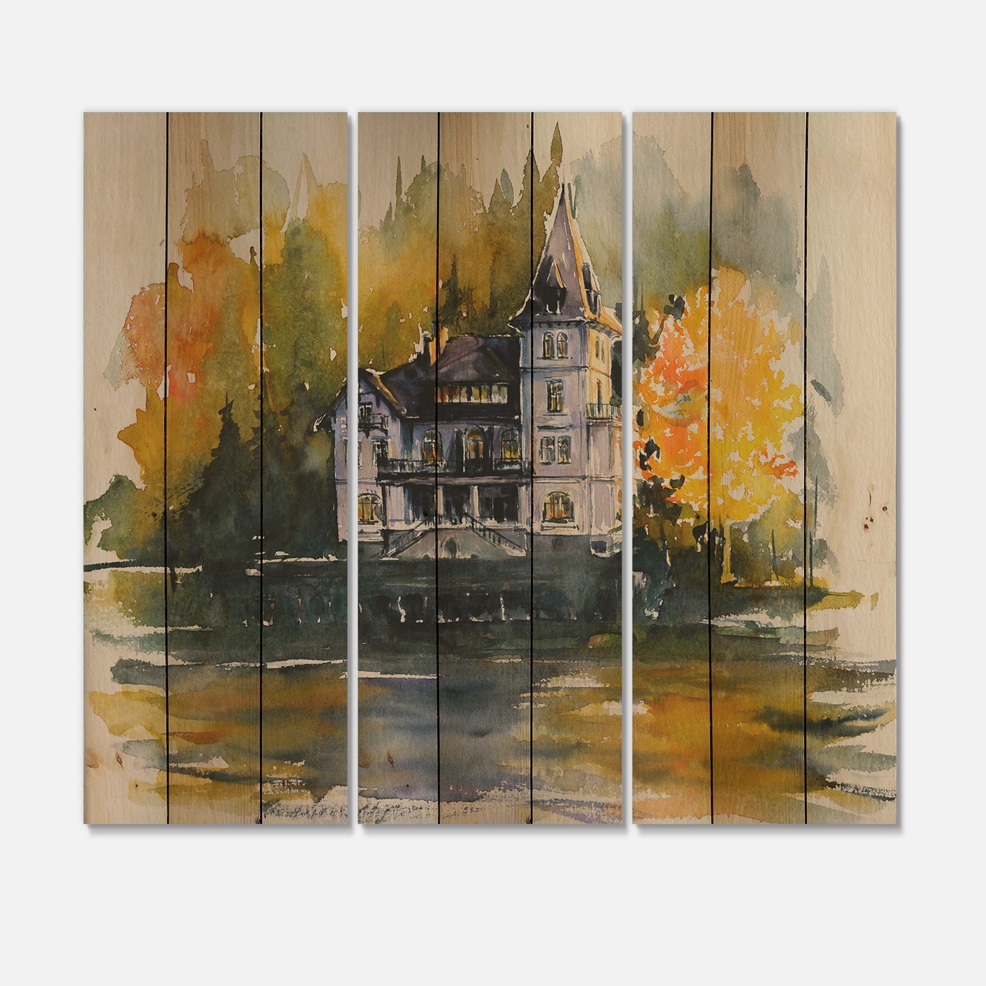 DESIGN ART Designart 'Castle By The Lake With Autumn Trees' Lake House Print on Natural Pine Wood - 3 Panels 45 inches x 40 inches - 3 Panels