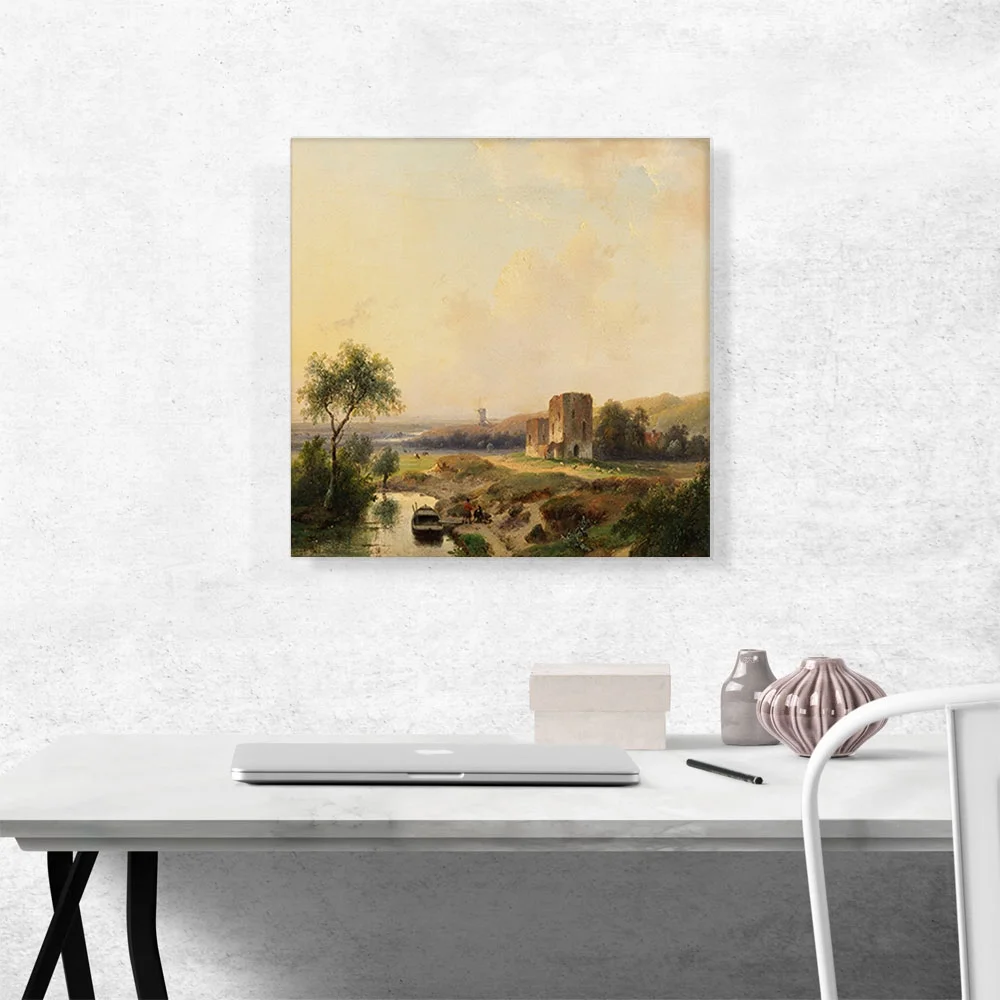 ARTCANVAS River Landscape Near Haarlem Windmill Ruins Of Brederode 1839 Canvas Art Print by Andreas Schelfhout - Size: 18