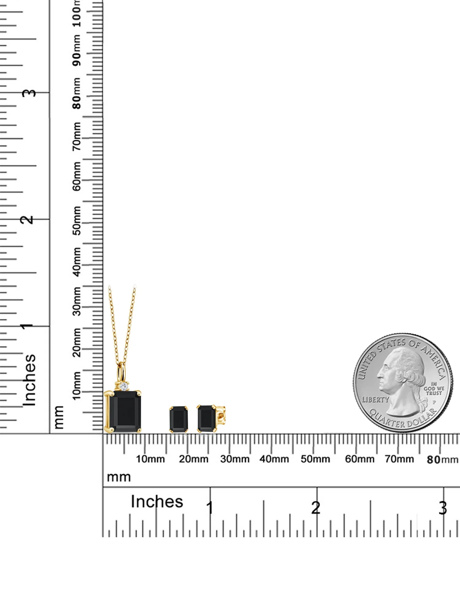 18K Yellow Gold Plated Silver Black Onyx and White Diamond Pendant and Earrings Jewelry Set For Women (4.28 Cttw, Gemstone December Birthstone, Emerald Cut 10X8MM and 6X4MM, with 18 inch Chain)