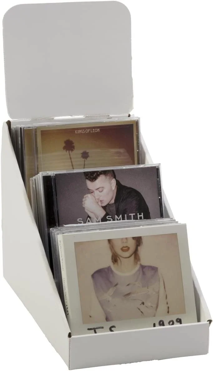 3-Tiered CD/DVD Racks for Tabletop Use, Includes Removable Header, Cardboard (White) - Set of 25 (WCCD3)