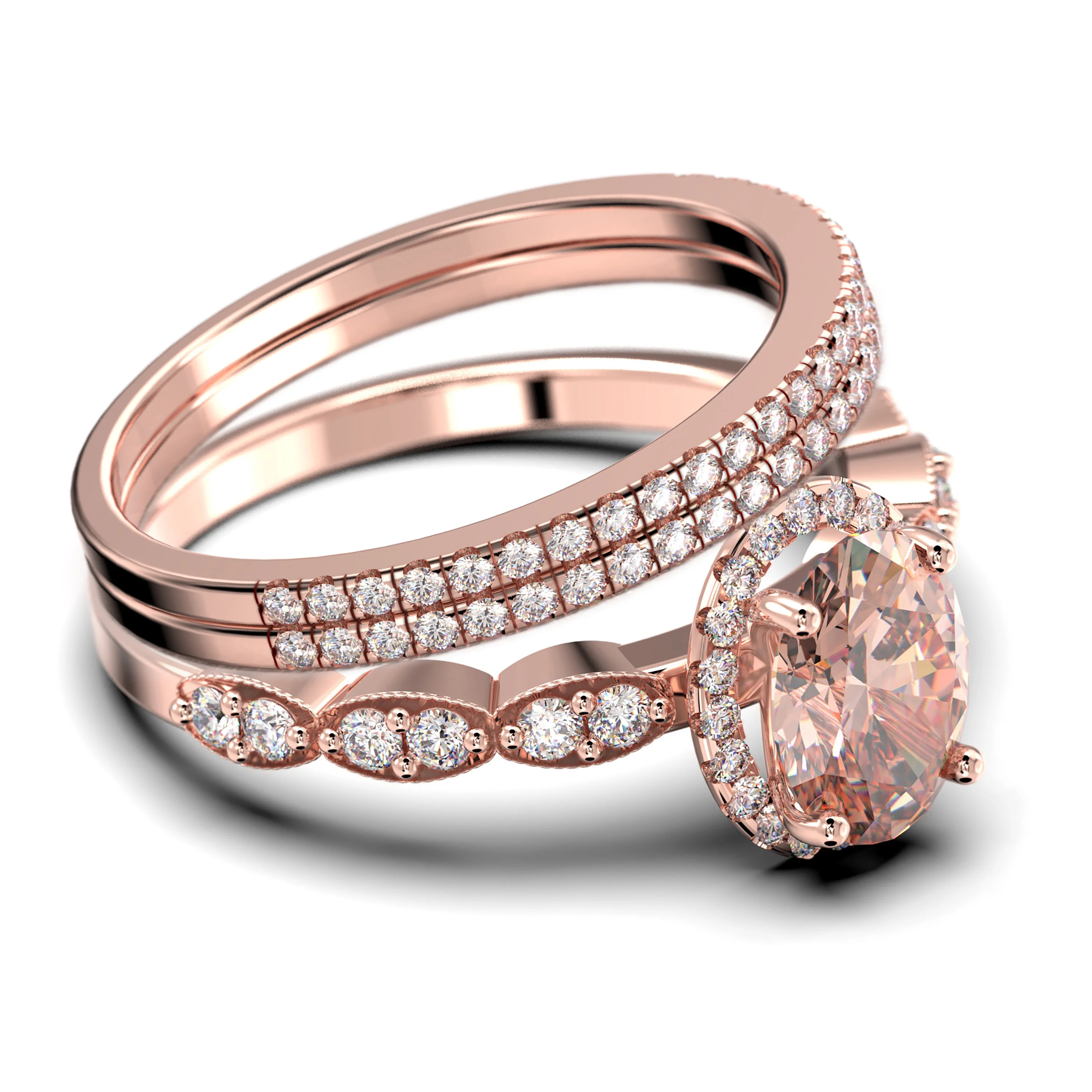 Art Deco 2.75 Carat Oval Cut Morganite And Diamond Moissanite Classic Engagement Ring, Halo Wedding Ring in 925 Sterling Silver With 18k Rose Gold Plating Gift For Her, Trio Set, Matching Band