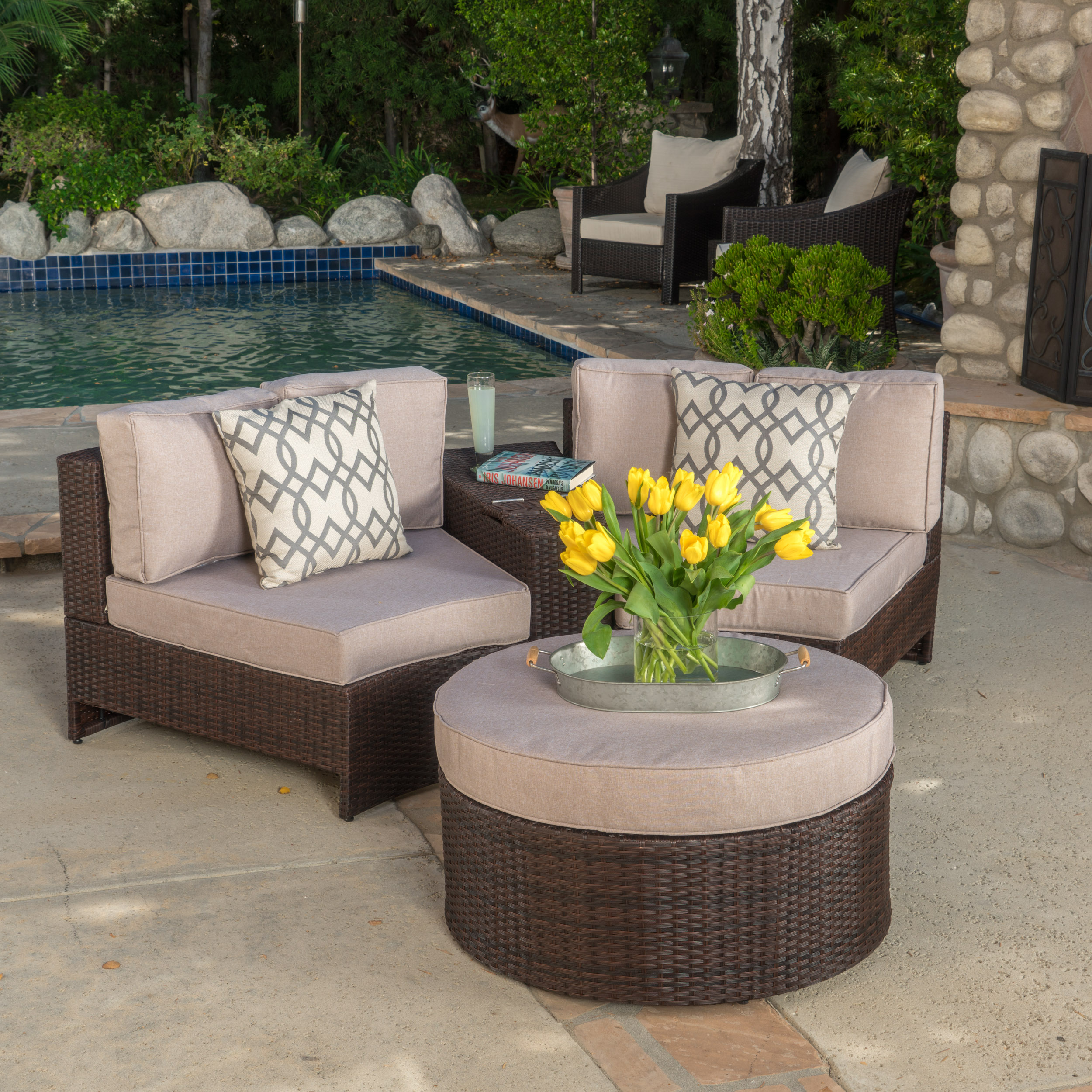 GDF Studio Acadia Outdoor Wicker Half Round 2 Seater Sectional Set with Ottoman, Textured Beige and Brown