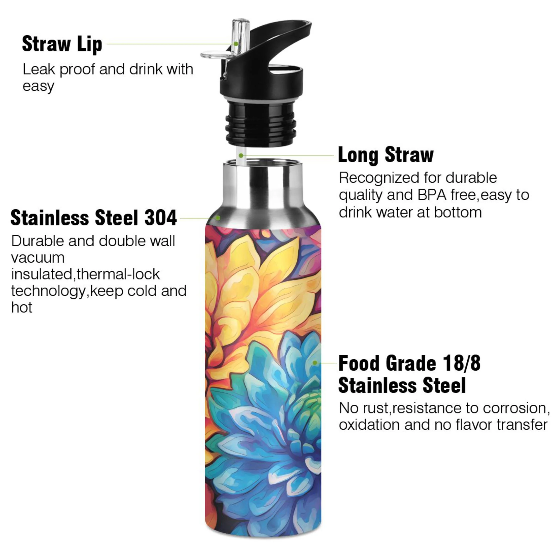 Water Bottle with Straw Lid Leak Sunflowers with Blue Stainless Steel Insulated Thermos Vacuum Flask for Cold Hot Drinking for Sports Camping Gym Yoga