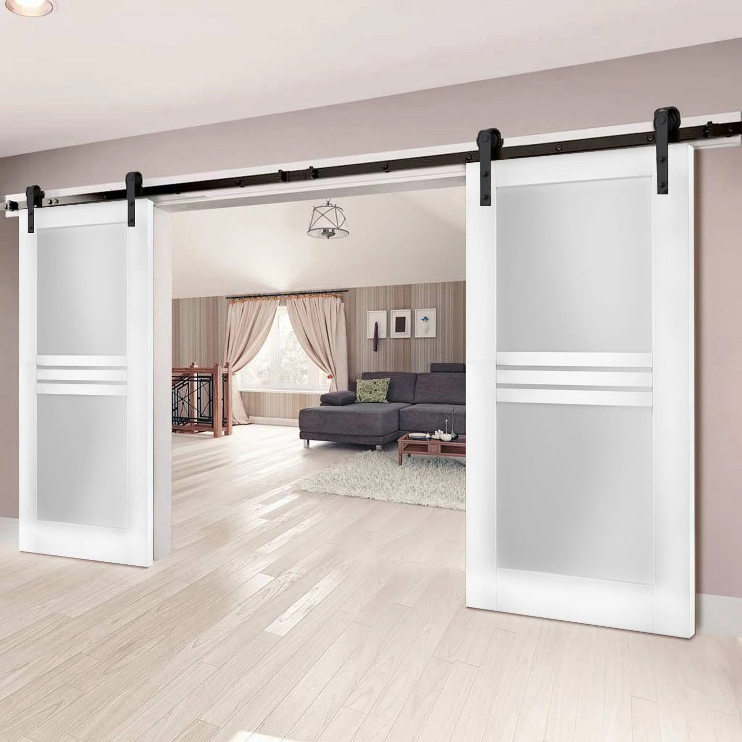 Modern Double Barn Door 36 x 80 inches with Opaque Glass 4 Lites / Mela 7222 White Silk / 13FT Rail Track Set / Solid Panel Interior Doors