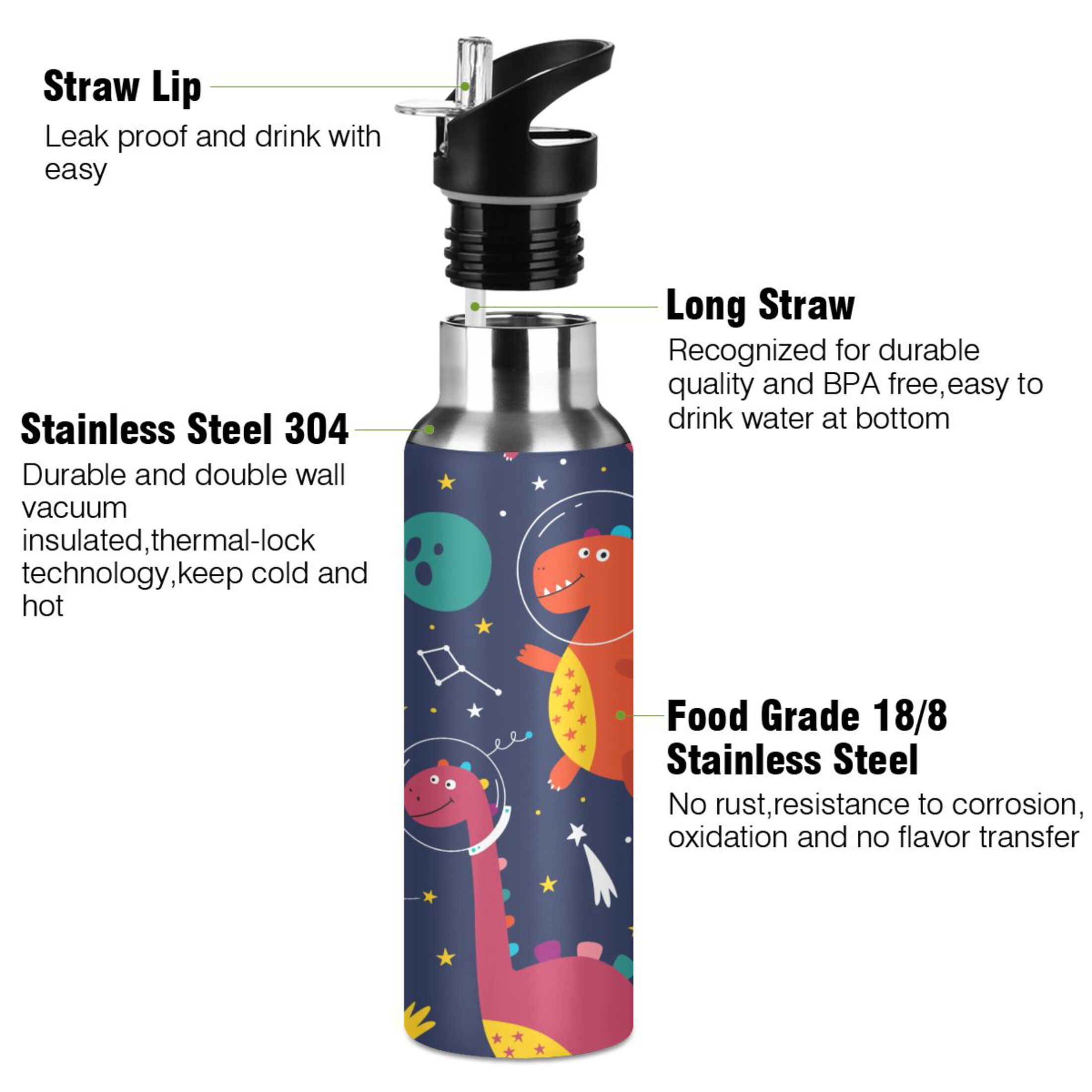 Water Bottle with Straw Lid Leak Cute Dinosaurs in Space Stainless Steel Insulated Thermos Vacuum Flask for Cold Hot Drinking for Sports Camping Gym Yoga