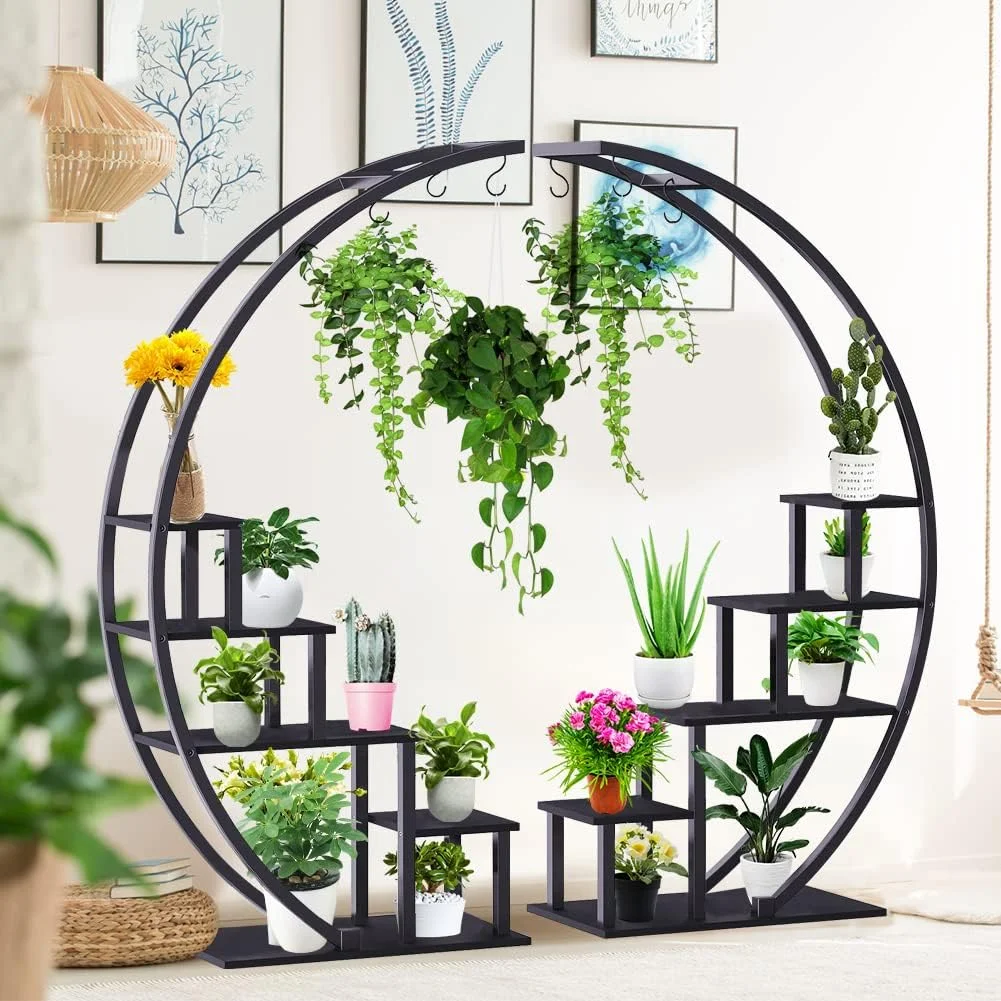 VIBESPARK 5 Tier Plant Stand for Indoor Plants, Half Moon Shape Plant Shelf with Hanging Hook, Multiple Planter Display for Home Decor, Living Room, Balcony, and Bedroom