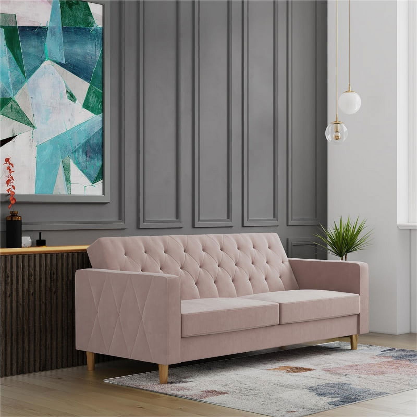 Pemberly Row Contemporary Futon with Storage in Blush Velvet