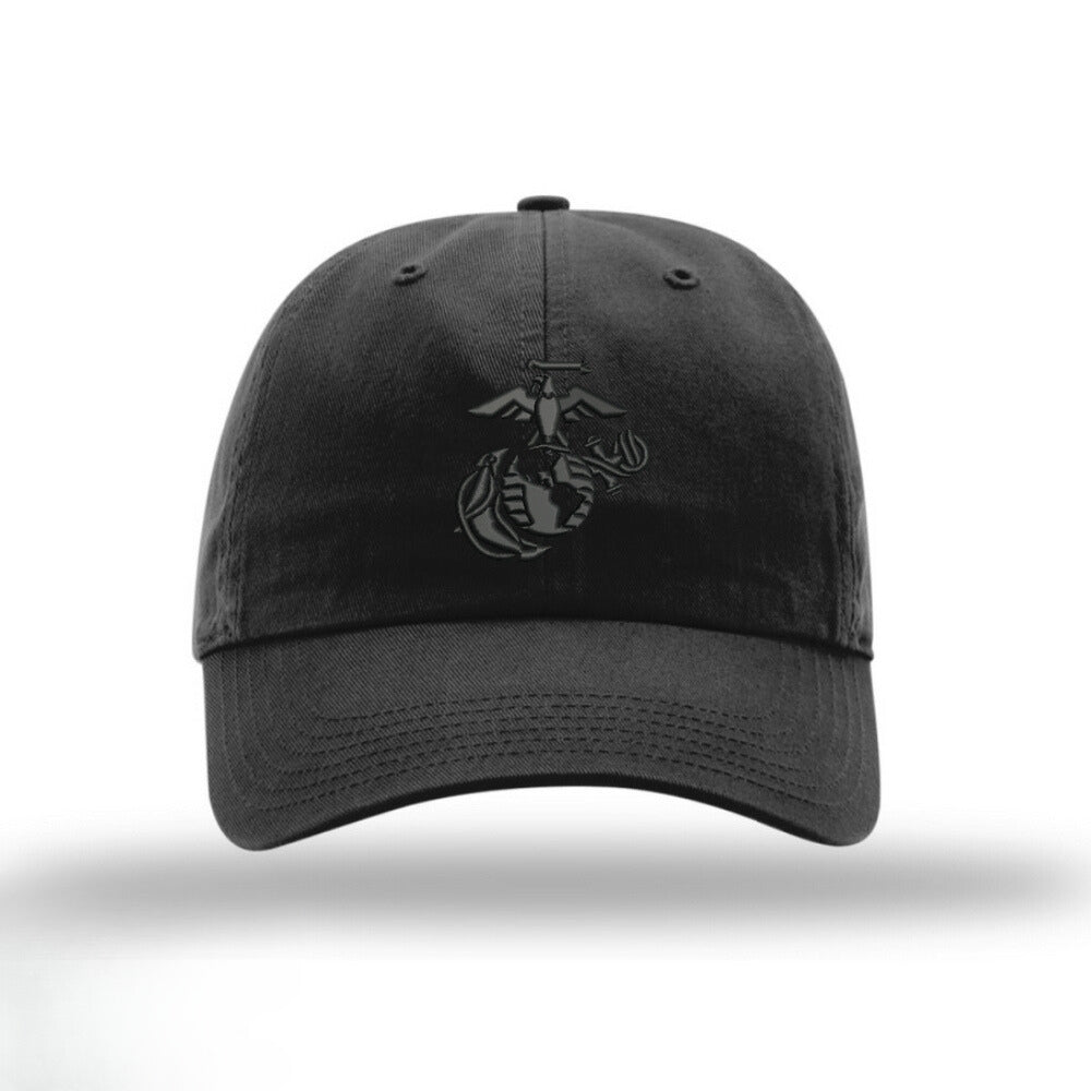 OUTSIDE THE WIRE Leatherneck for Life Black Out EGA Unstructured USMC Hat with 3D embroidery- Black Hat w/ Black