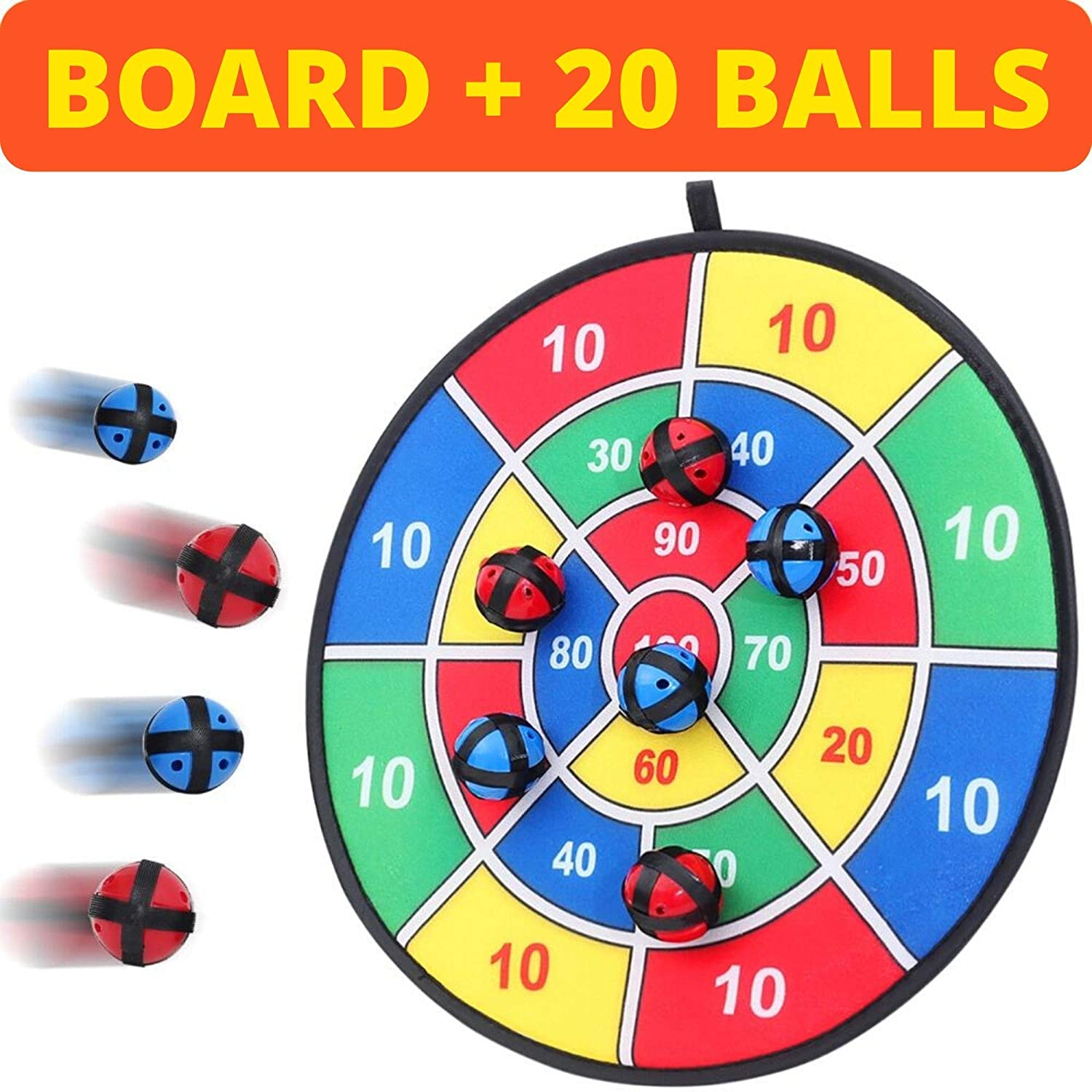Fabric Dart Board Game with 20 Balls - Hook-and-Loop Fasteners- 14.5 Inches Diameter - Safe for Kids