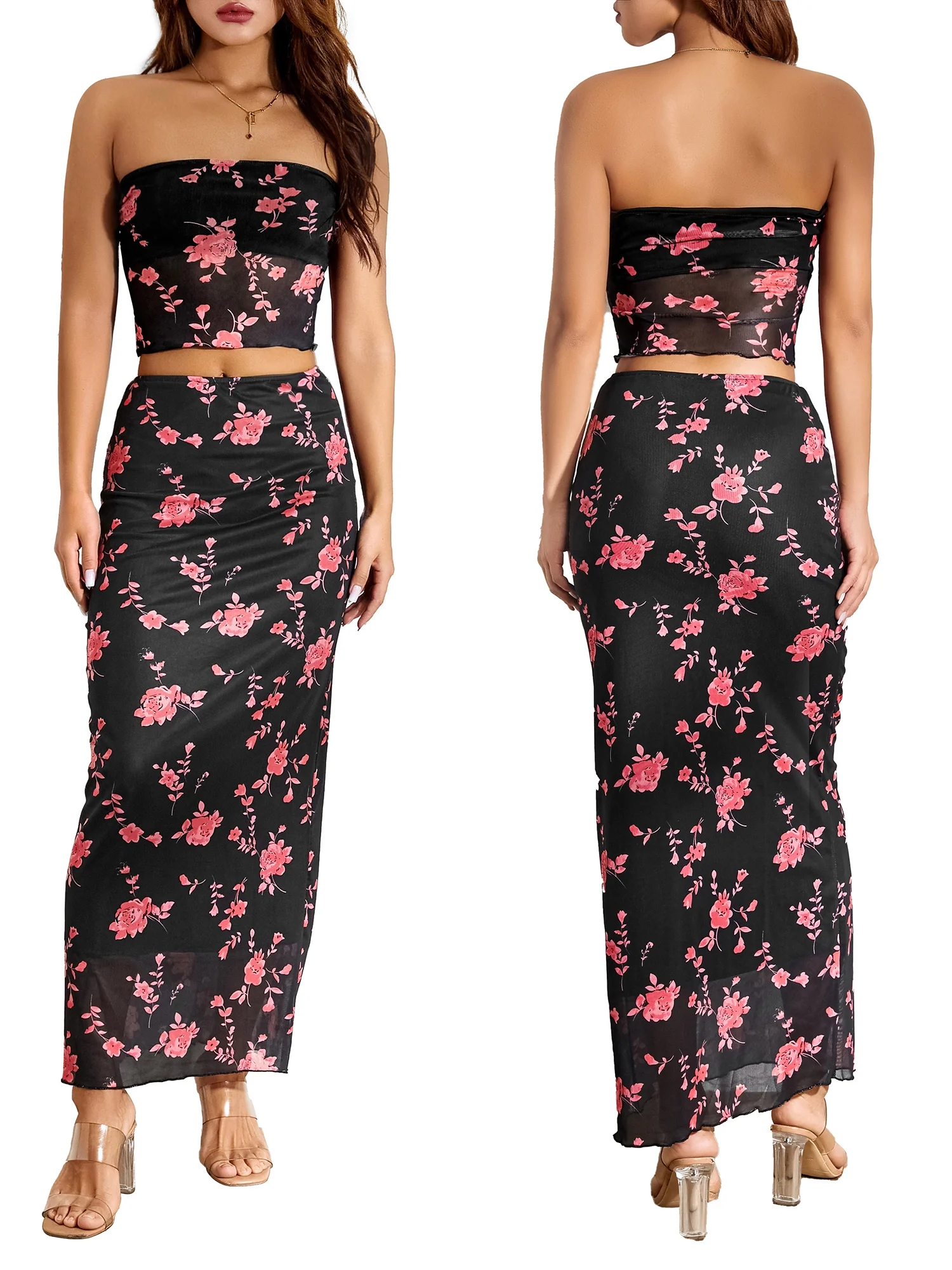 TFFR 2Pcs Women Flower Print Strapless Mesh Tube Top with Low Waist Long Skirts