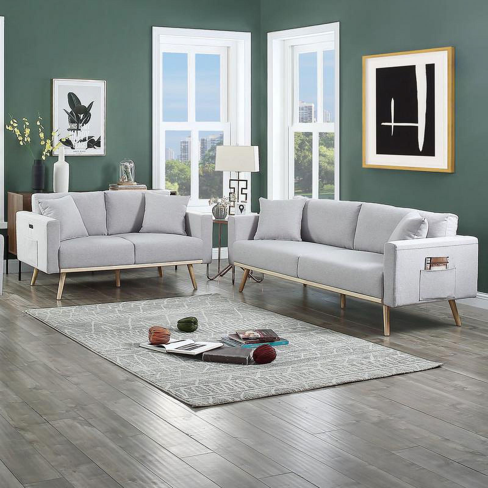 Pemberly Row Light Gray Fabric Sofa Loveseat Living Room Set with USB Ports