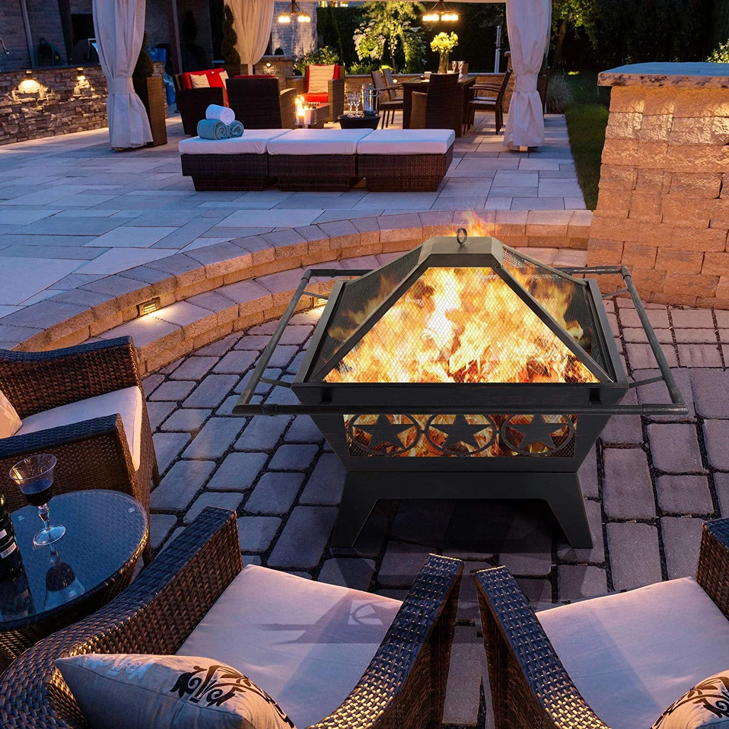 Fire Pit 32in Fire Pits for Outside Outdoor Fireplace Large Square Wood Burning Fire Pit Heavy Duty for Patio BBQ Camping Bonfire with Spark Screen, Mesh Cover, Poker