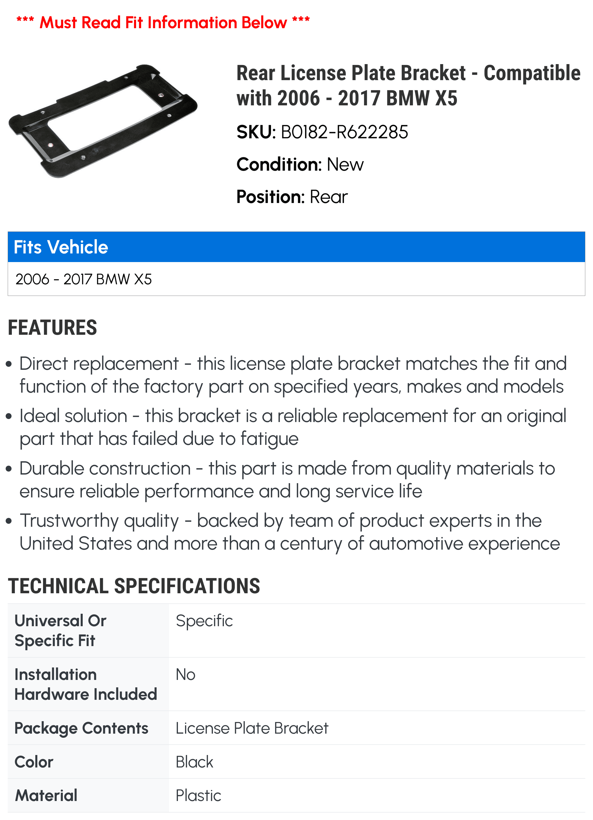 Rear License Plate Bracket - Compatible with 2006 - 2017 BMW X5 2007 2008 2009 2010 2011 2012 2013 2014 2015 2016